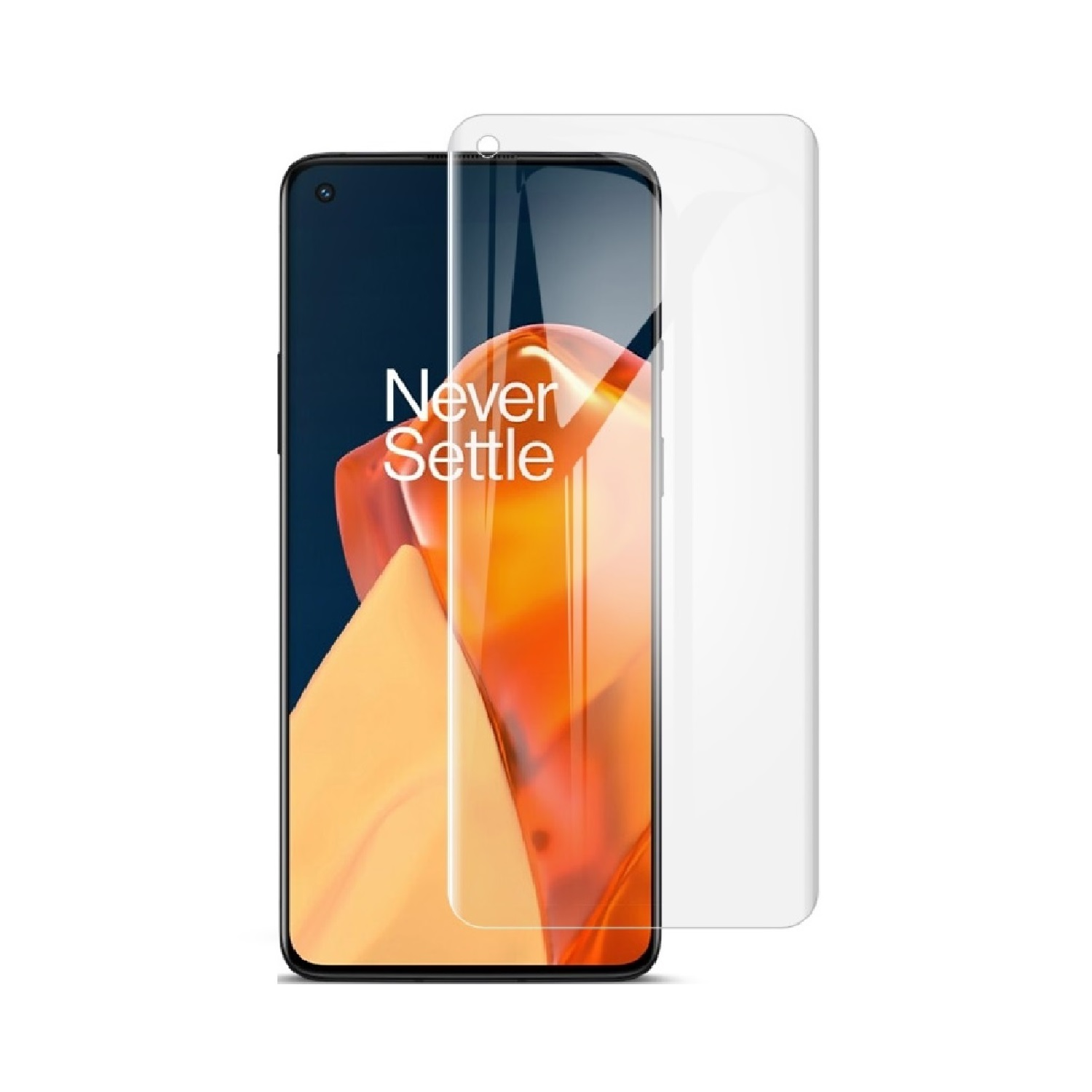 Ein Telefon mit Displayschutz. Das Telefon hat 'Never Settle' auf dem Bildschirm.