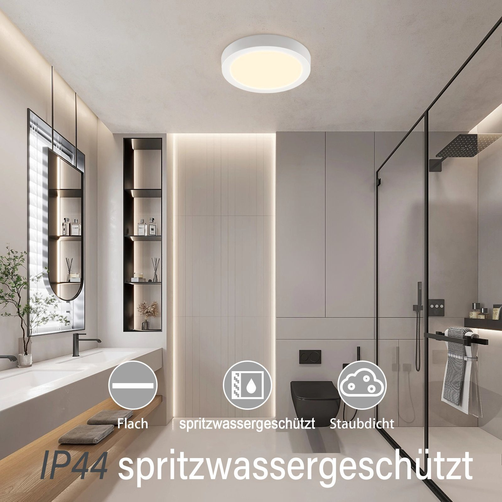 Una plafoniera bianca in un bagno moderno. La doccia e lo specchio sono visibili sullo sfondo.