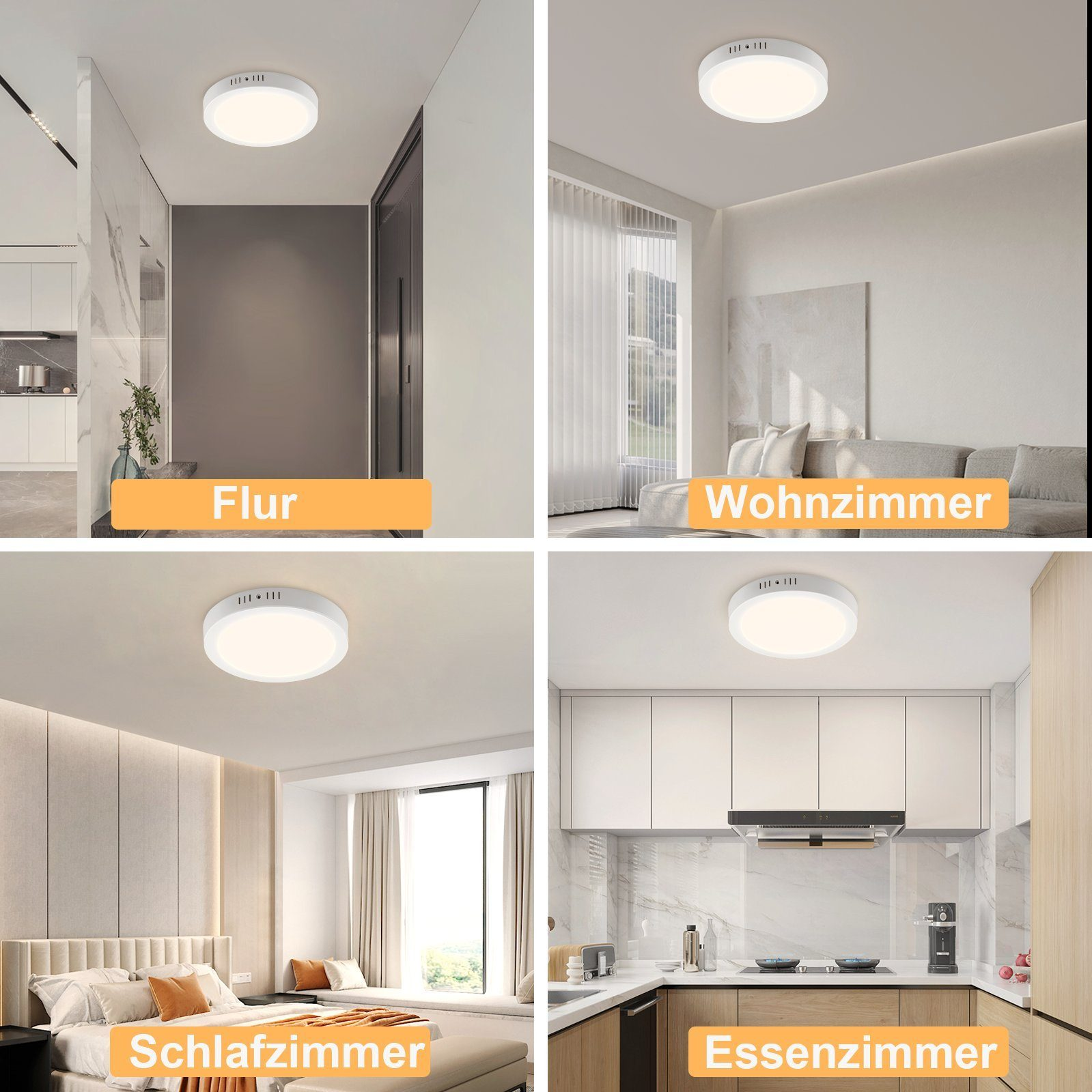 Quattro immagini di stanze (corridoio, soggiorno, camera da letto, cucina) con luci a soffitto bianche ed etichette di testo.