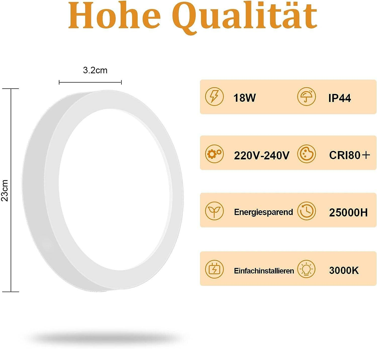 Luce LED circolare bianca. Dimensioni 23cm x 3,2cm. Etichette di testo: 18W, IP44, 220-240V, CRI80+ e 3000K.