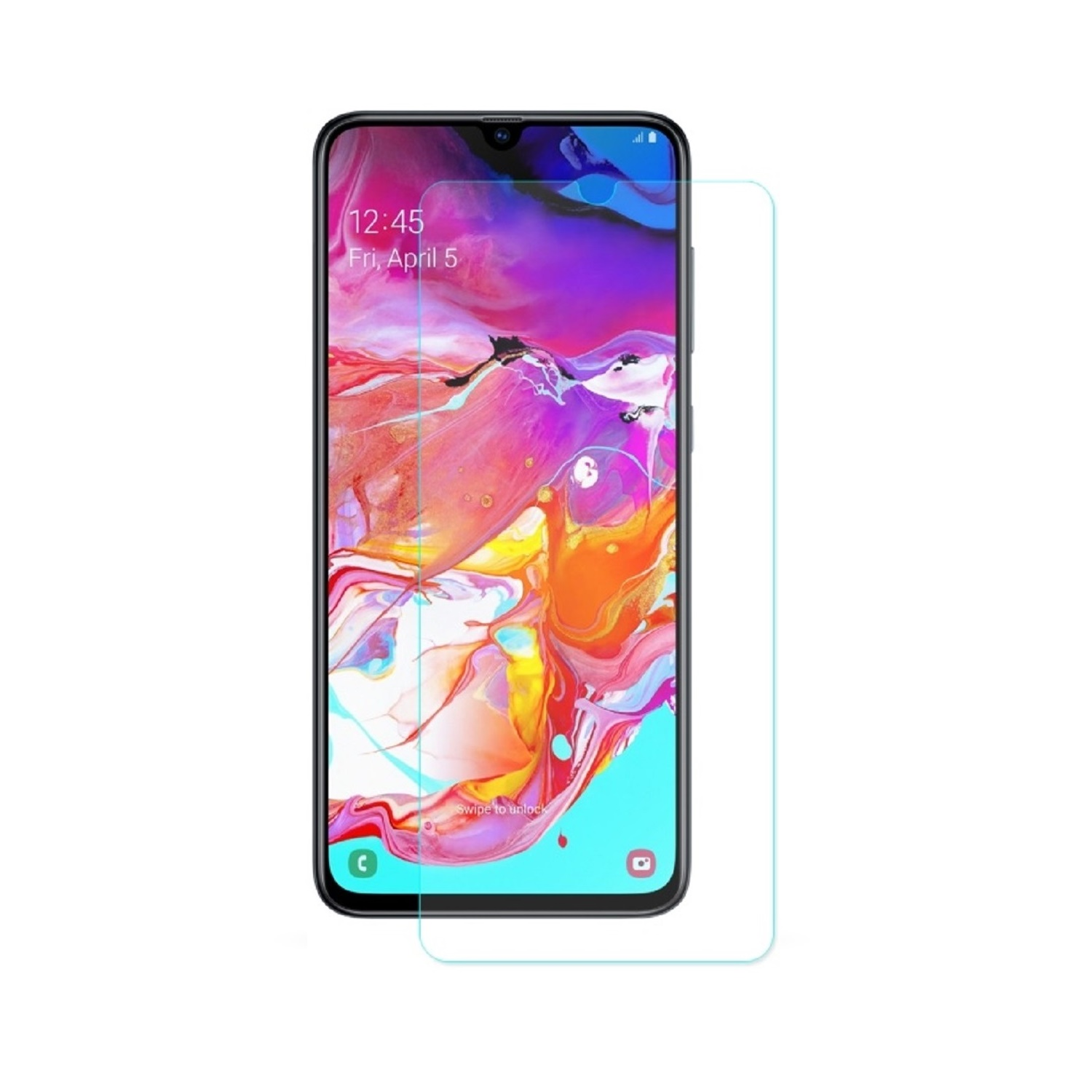 Ein Smartphone mit angebrachter Displayschutzfolie. Der Bildschirm zeigt ein buntes Bild.