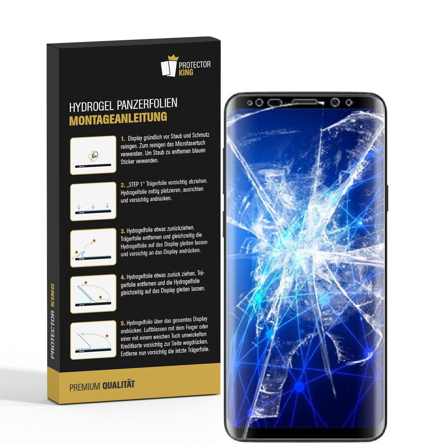 Ein schwarzes Smartphone mit gerissenem Bildschirm und eine Box mit Anweisungen für Hydrogel-Schutzfolie.