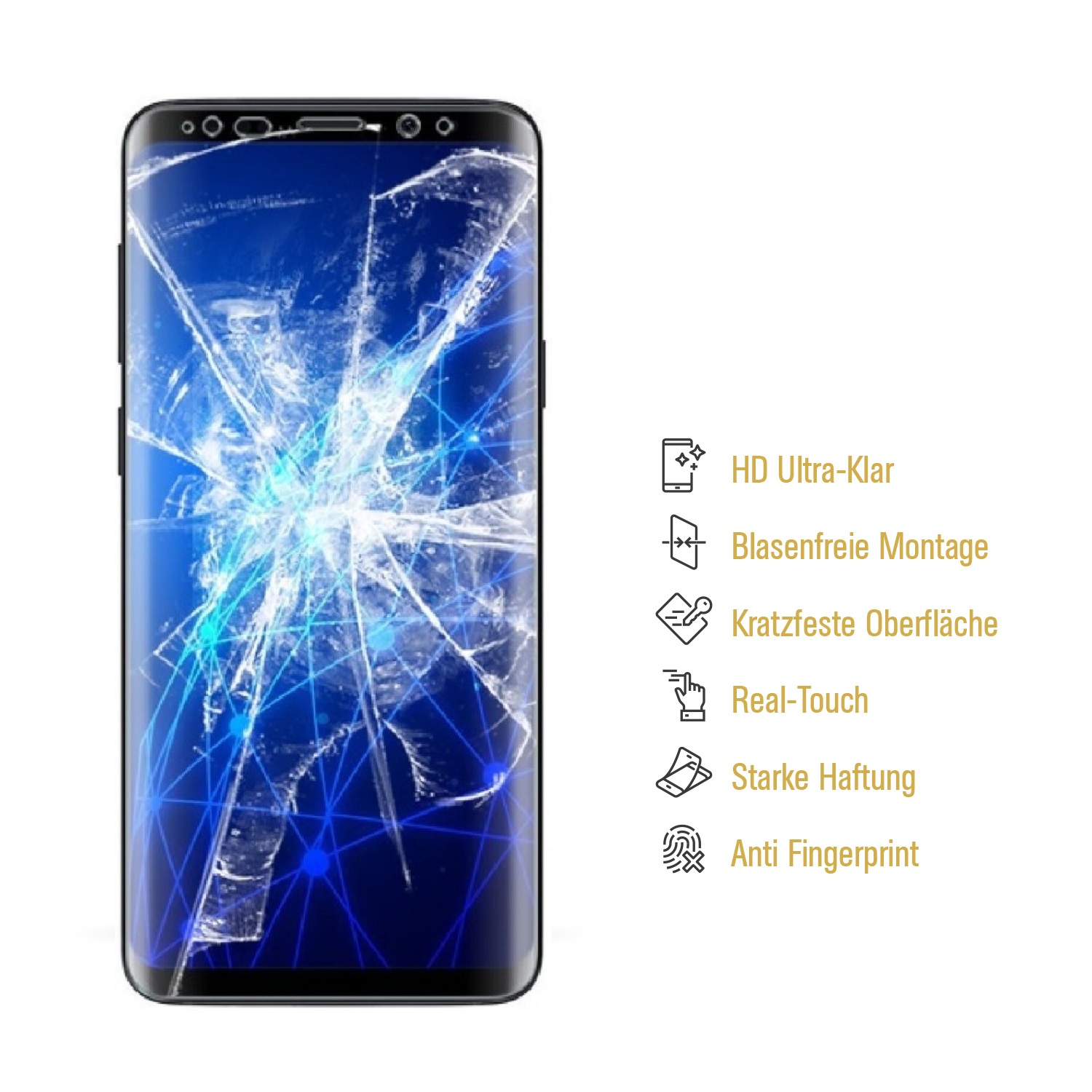 Ein zersprungenes Smartphone-Display mit verschiedenen Funktionssymbolen daneben.