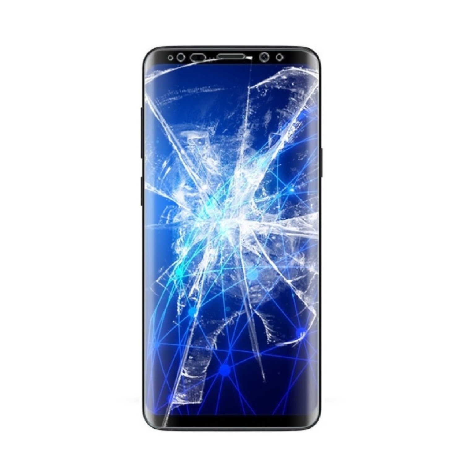 Ein zerbrochener Telefonbildschirm auf einem schwarzen Telefon. Die Risse sind sichtbar.
