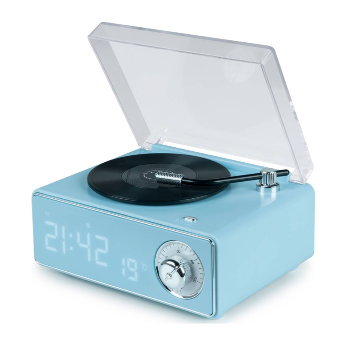 Un tourne-disque rétro bleu clair avec un disque vinyle noir et un couvercle transparent.