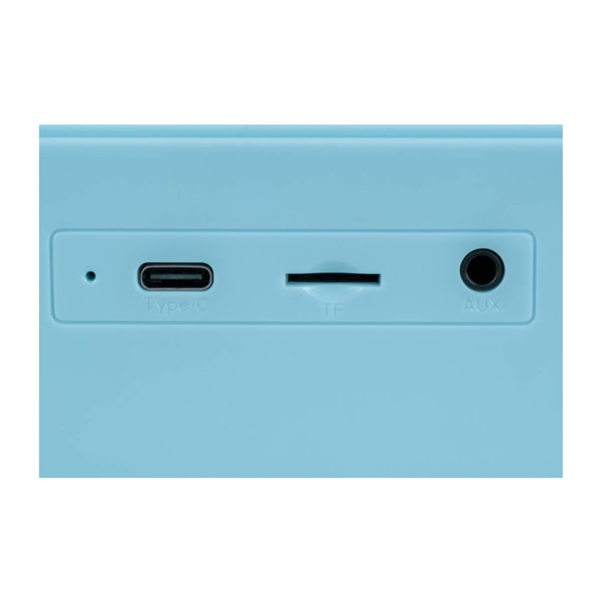 Gros plan sur un haut-parleur bleu clair avec ports Type-C, TF et AUX.
