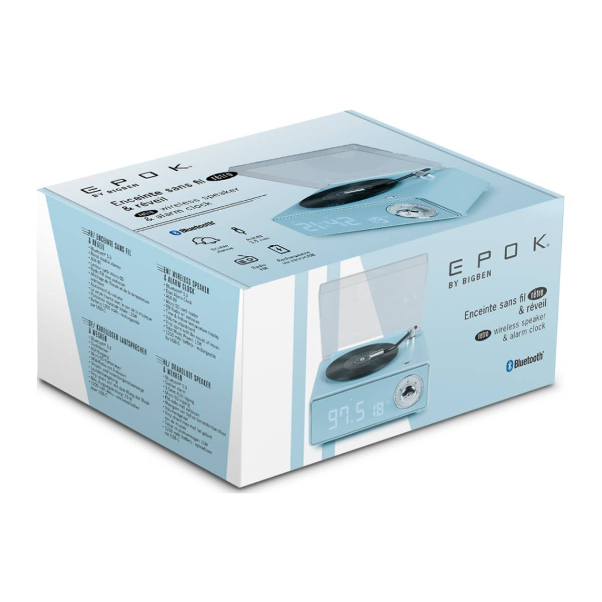 Une enceinte sans fil et un réveil dans une boîte.