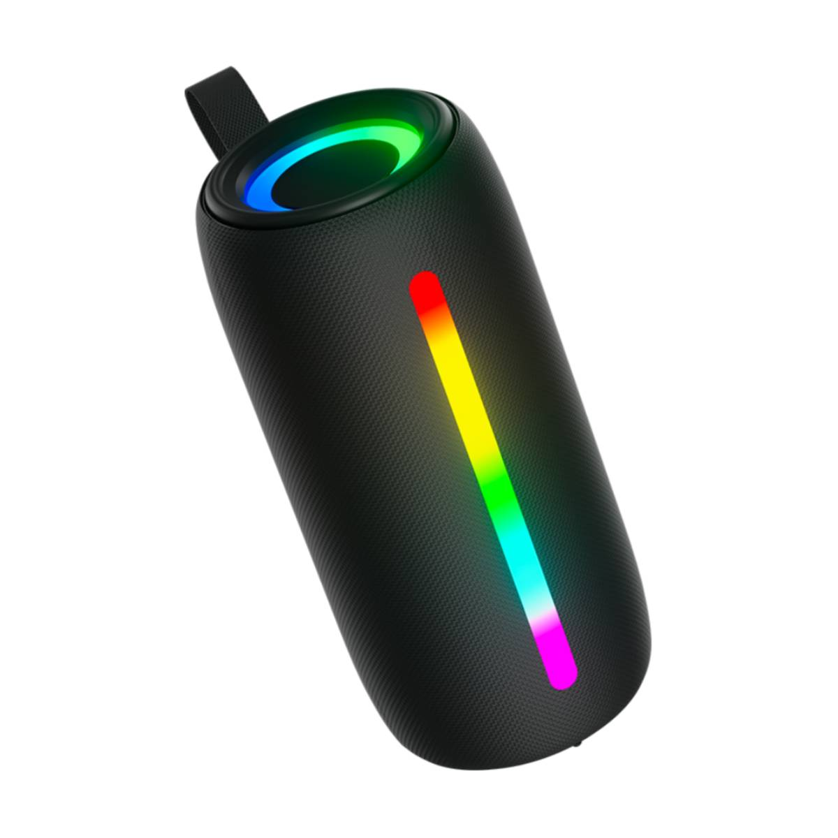 Un haut-parleur cylindrique noir avec une barre lumineuse colorée sur fond blanc.