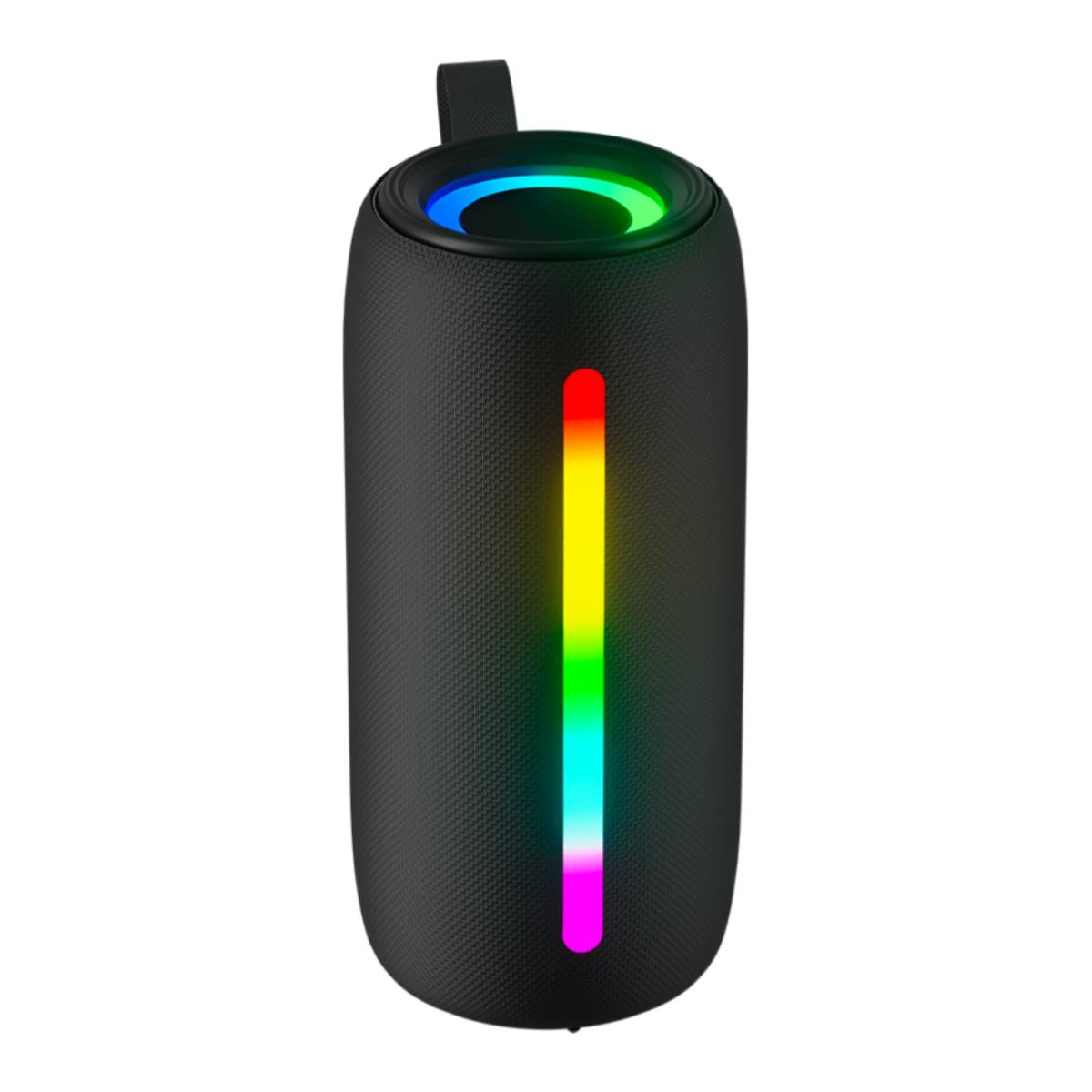 Haut-parleur noir avec une barre lumineuse colorée. Le dessus a un anneau lumineux.