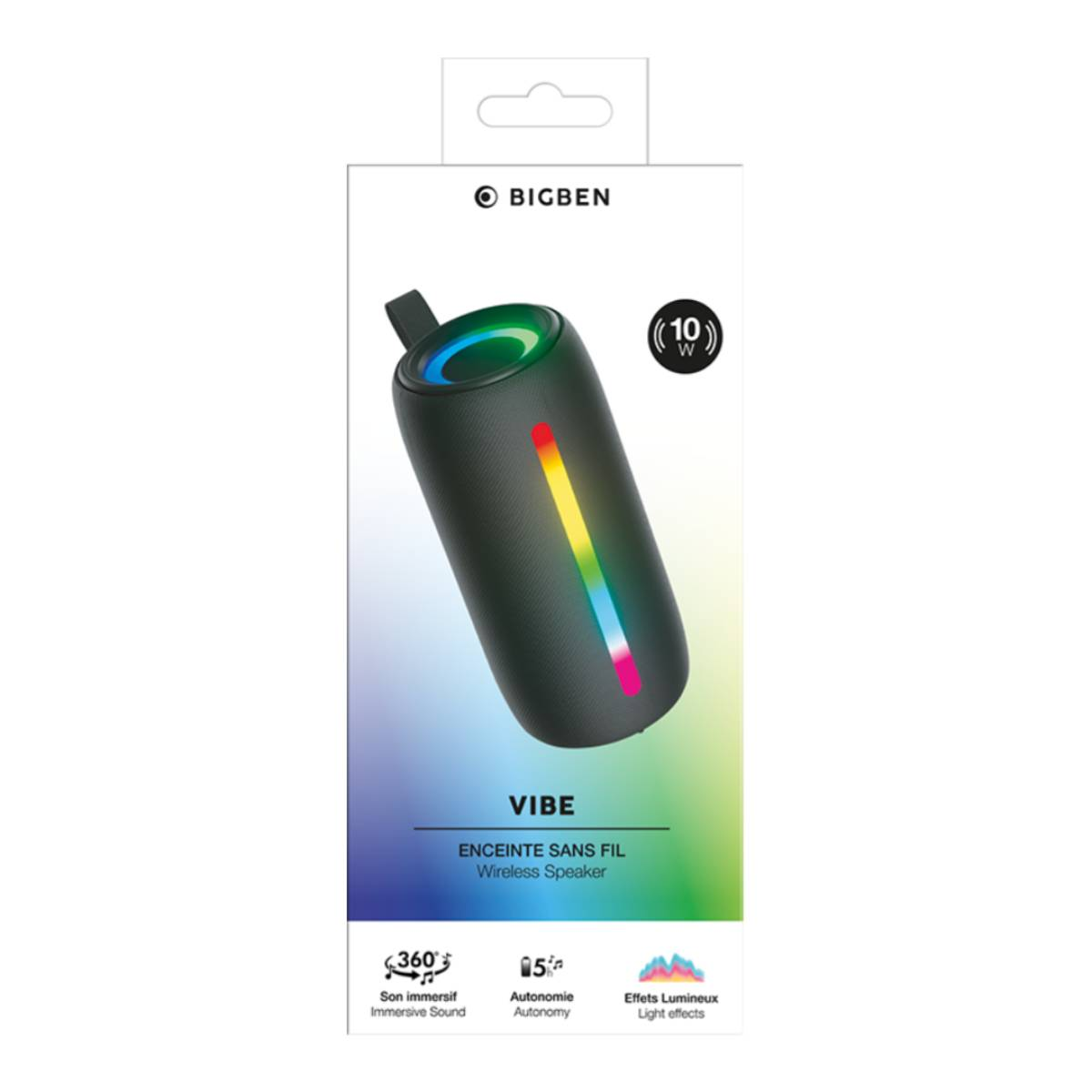 Haut-parleur sans fil noir dans une boîte avec des lumières colorées, avec logo et informations sur le produit.