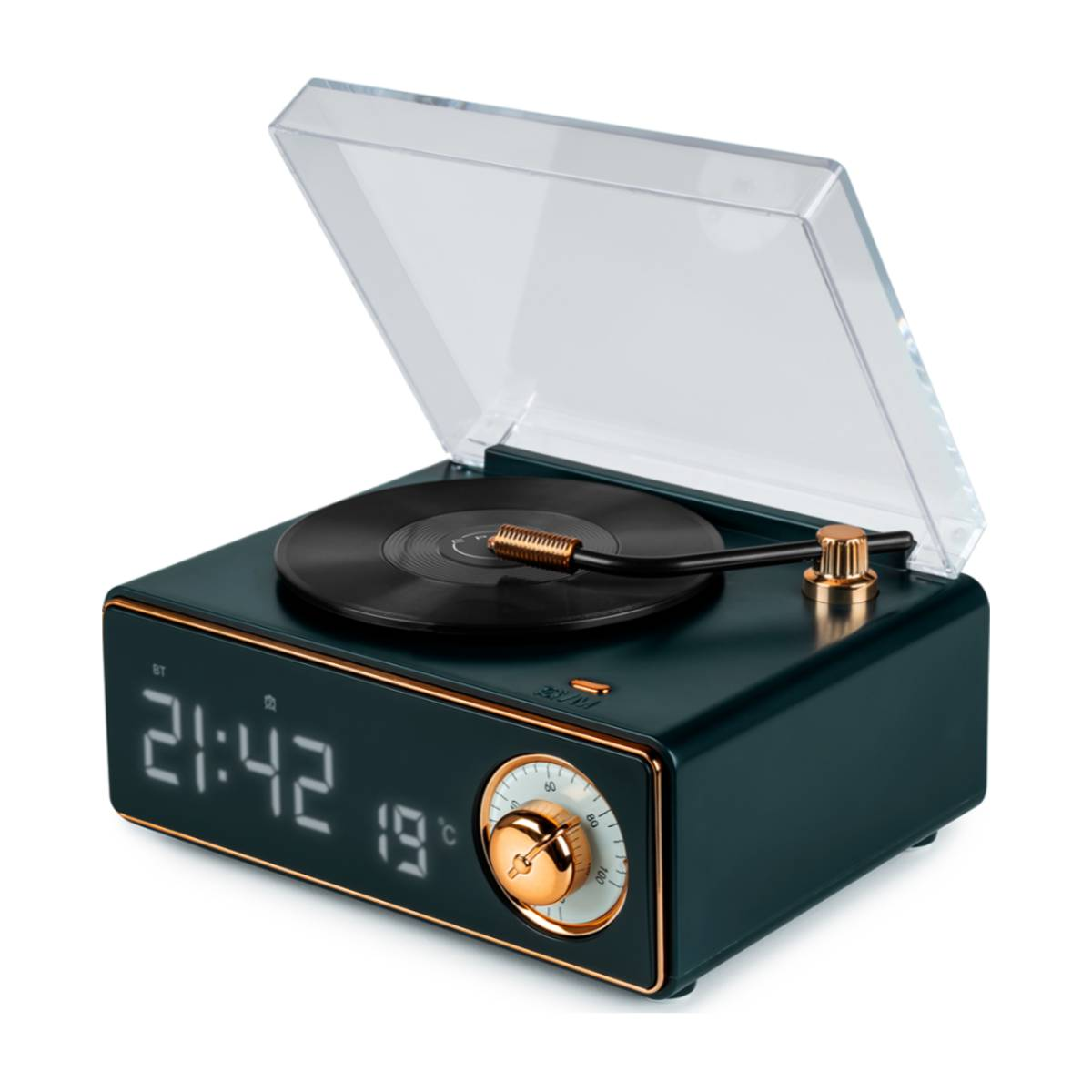 Un tourne-disque rétro de couleur sarcelle avec un dessus transparent, affichant l'heure.