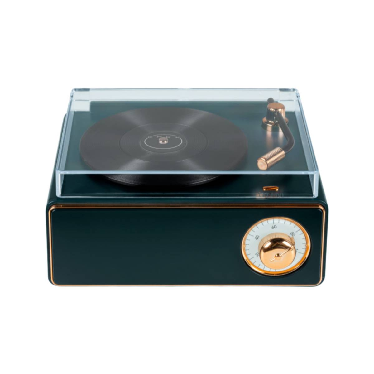 Platine dans un boîtier vert foncé avec des accents dorés. Un disque est sur le plateau.