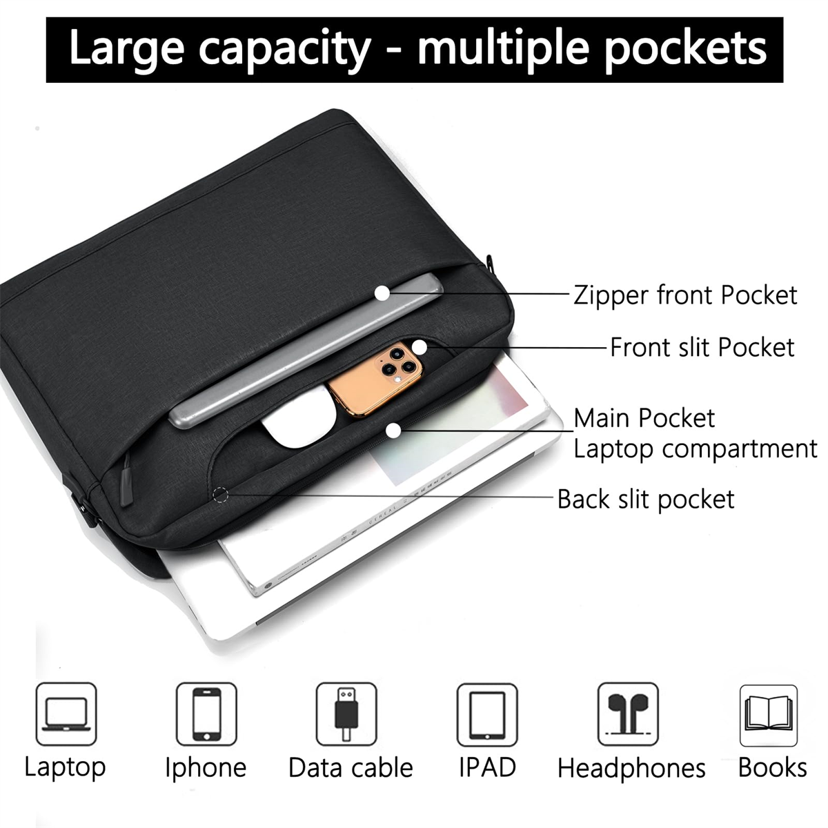 Eine schwarze Laptoptasche mit mehreren Taschen. Laptop, Telefon und andere Gegenstände sind sichtbar.