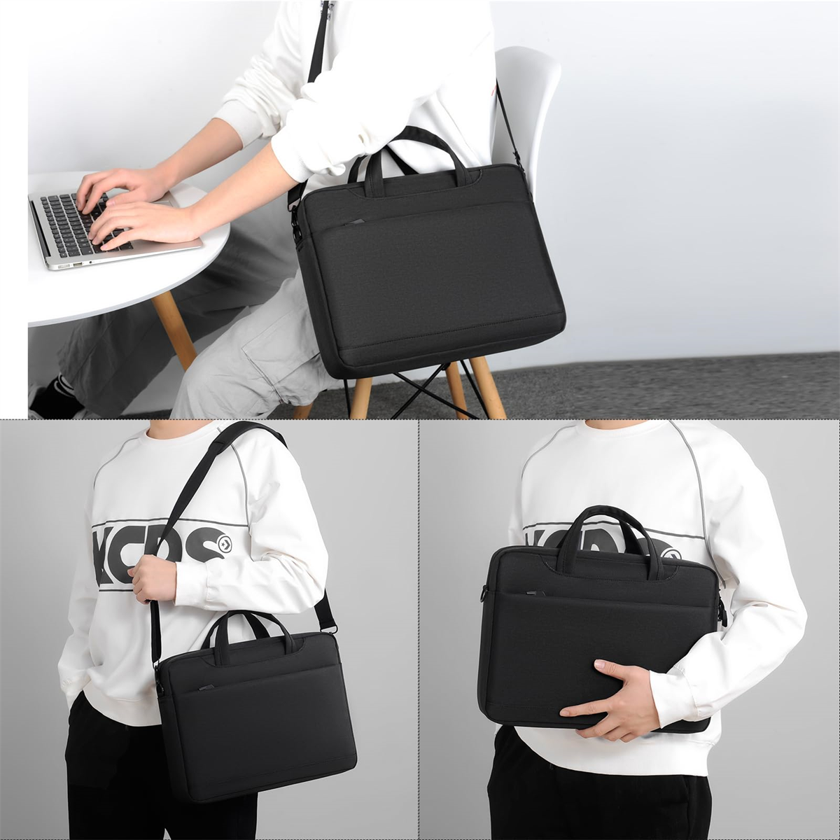 Mann mit Laptop und Tasche, hält sie. Schwarze Laptoptasche mit Schulterriemen.