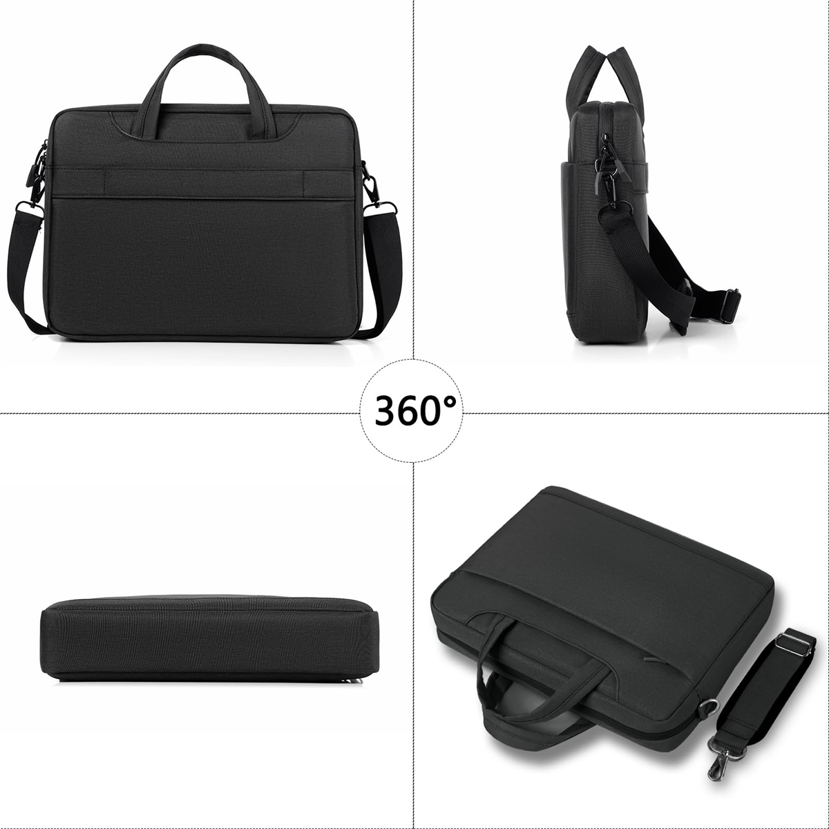 Eine schwarze Laptoptasche, aus mehreren Blickwinkeln gezeigt. Sie hat Griffe und einen Reißverschluss.