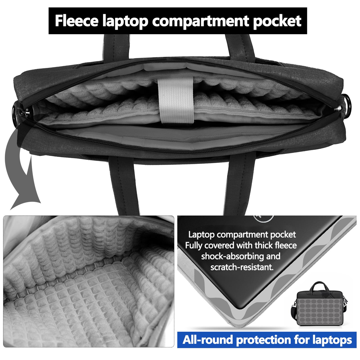 Detail der Laptoptasche mit Fleece-Fach, zeigt Polsterung und eine kleine Taschensilhouette.