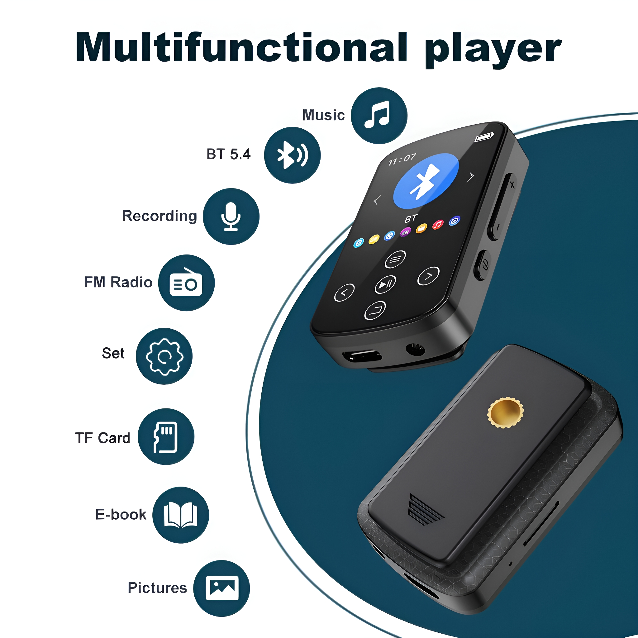 Ein schwarzer Multifunktions-Player mit Symbolen und einem zweiten Player im Hintergrund. Blauer und schwarzer Hintergrund.