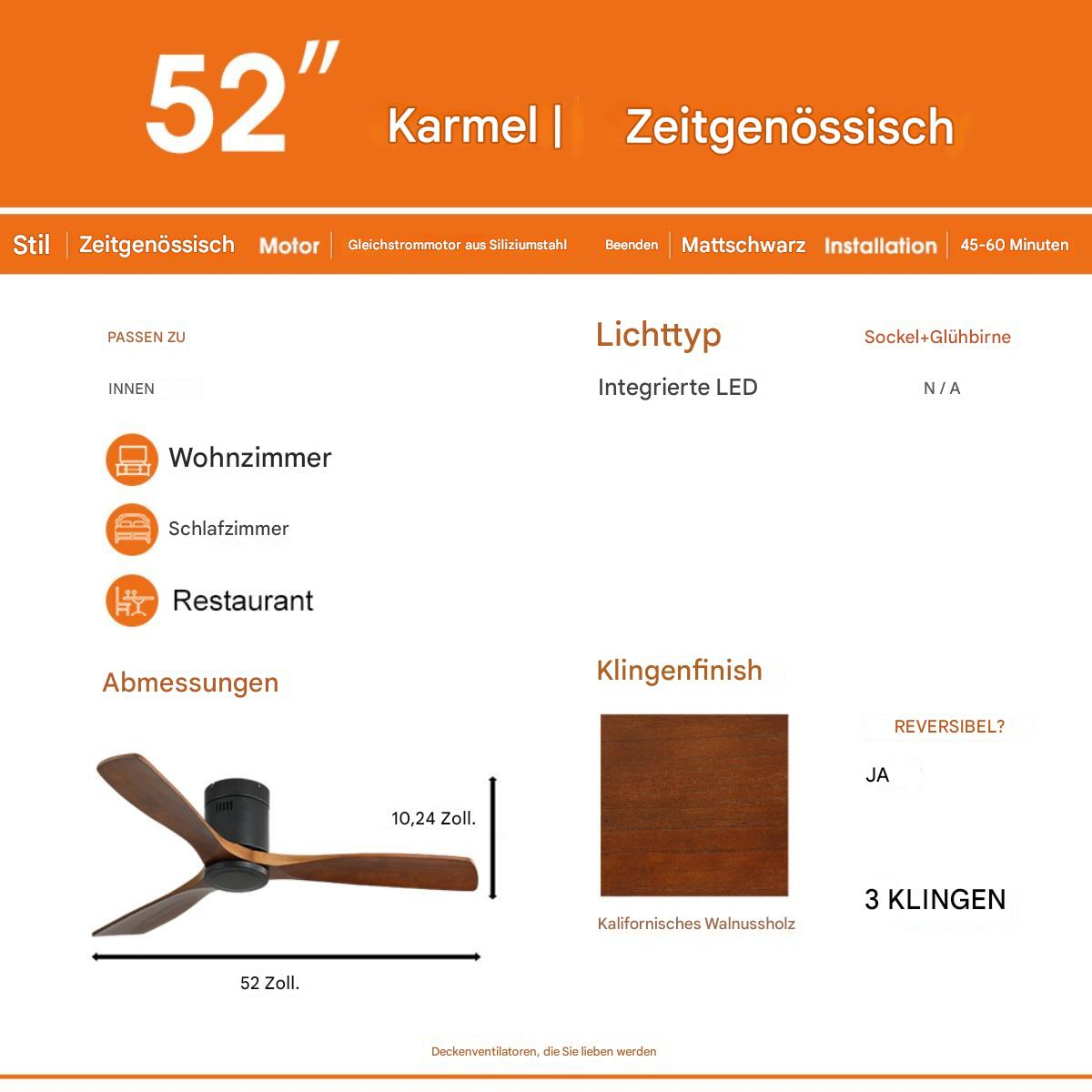 Ein schwarzer Deckenventilator mit drei Holzblättern; Maße und Text sind sichtbar.