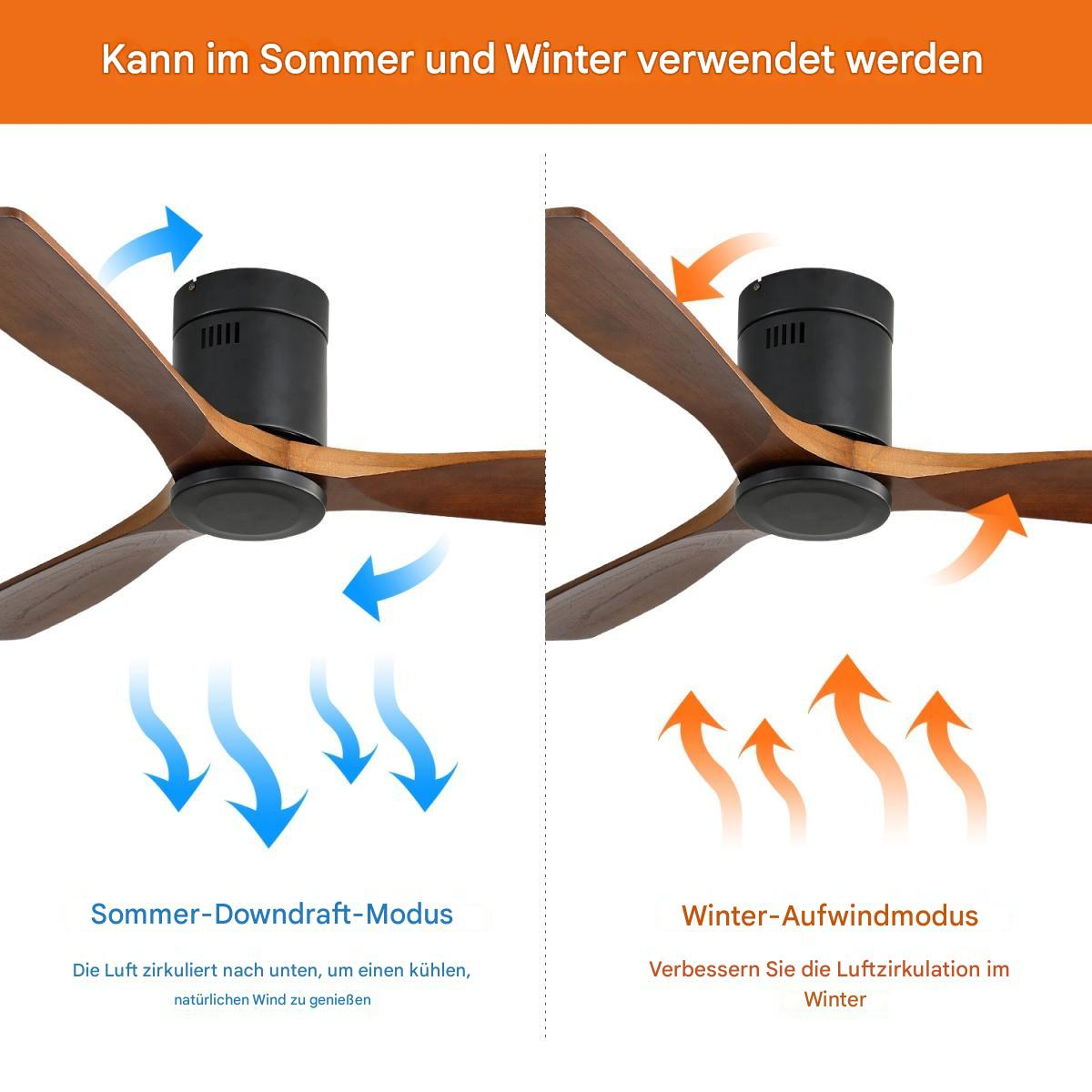 Eine Illustration eines Deckenventilators, die Sommer- und Wintermodi mit Luftstromrichtung zeigt.