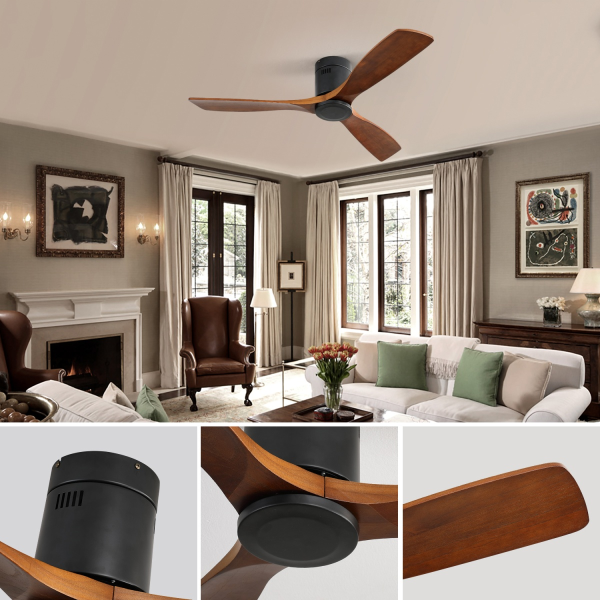 Deckenventilator mit Holzflügeln und schwarzem Motor, in einem Wohnzimmer mit Möbeln.