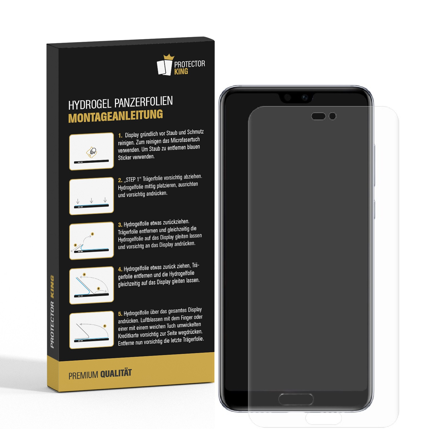 Eine Box und ein Telefon mit Anweisungen zum Anbringen einer Displayschutzfolie. Das Telefon ist sichtbar.