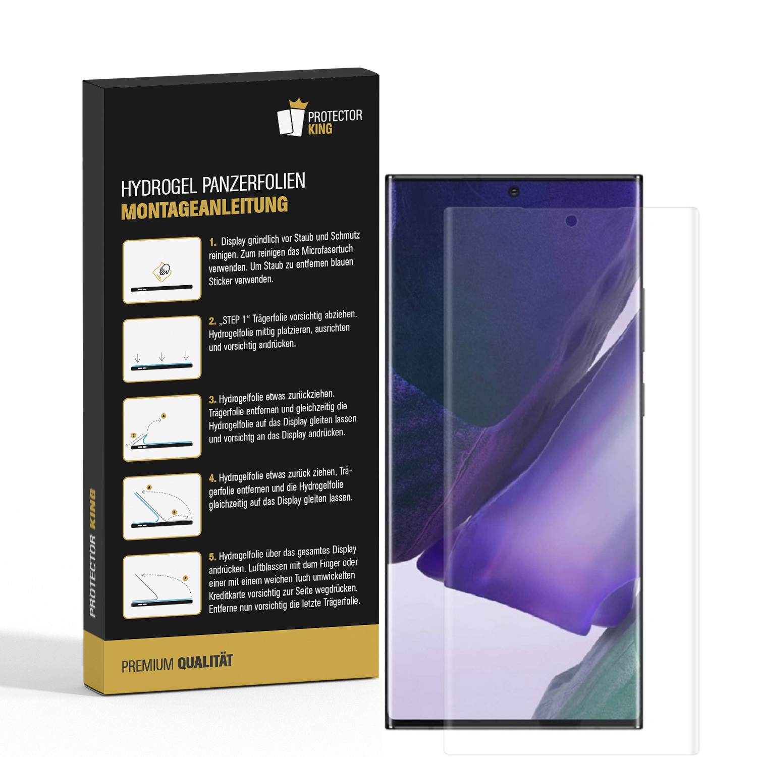 Ein Telefon und eine Displayschutzfolienbox mit Installationsanweisungen.