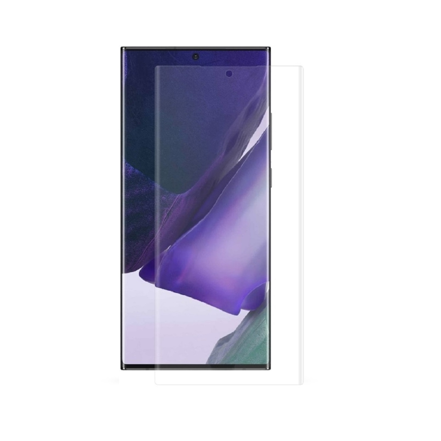 Ein Telefon mit Displayschutz. Das Telefon hat einen lila und schwarzen Bildschirm.