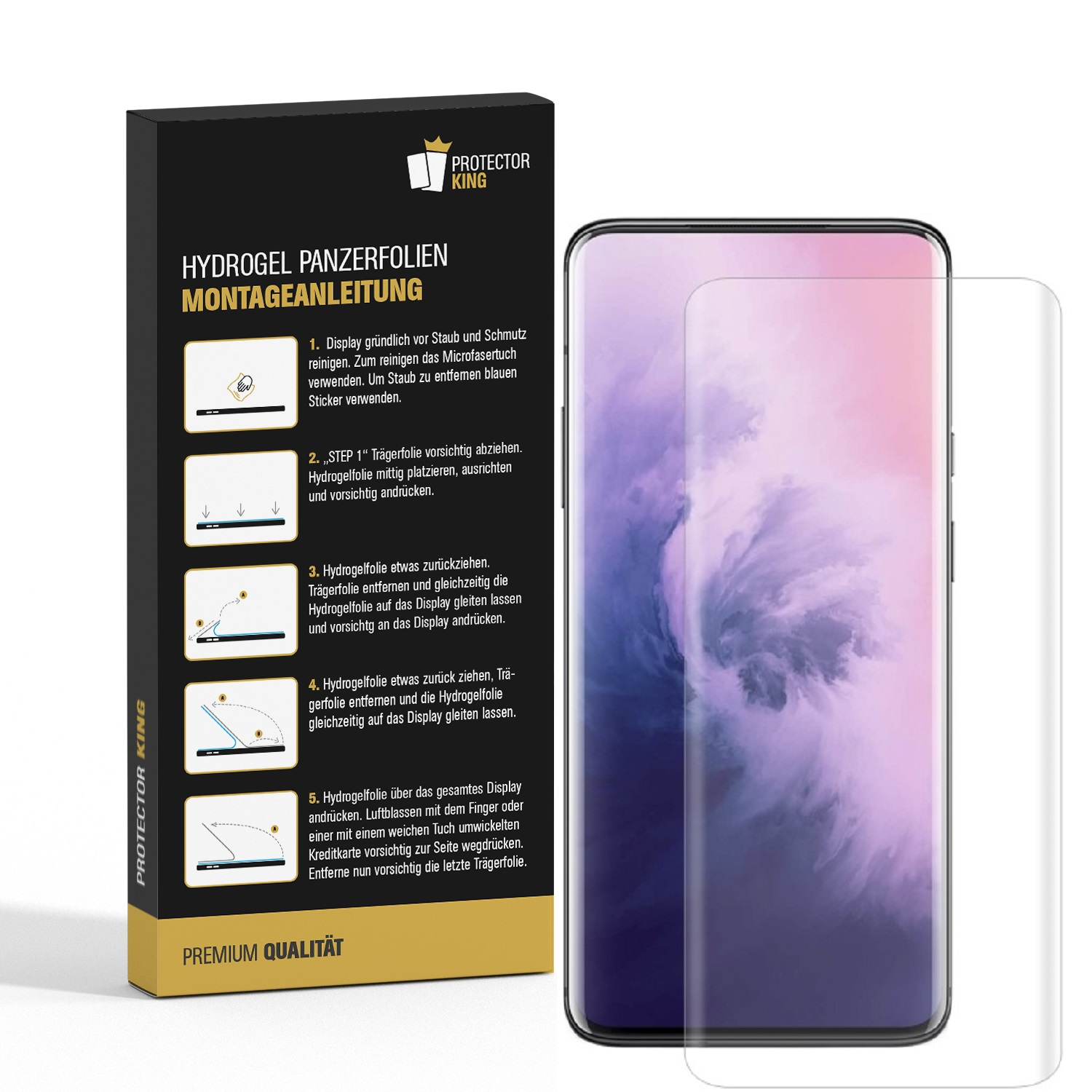 Anweisungen zum Anbringen einer Displayschutzfolie, mit Telefon und Schutzfolie, auf weißem Hintergrund.