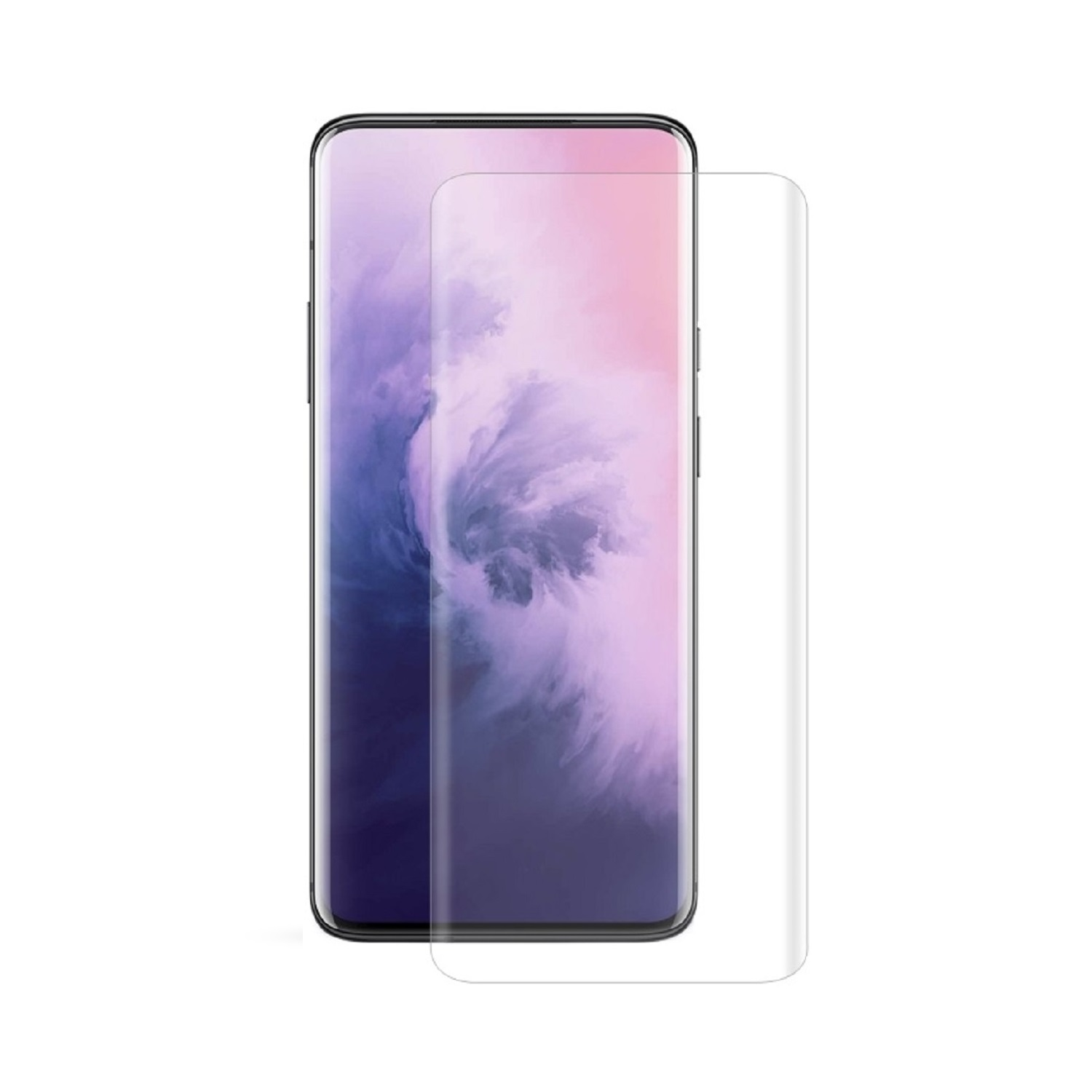 Ein Telefon mit aufgebrachter Displayschutzfolie. Weißer Hintergrund. Das Telefon hat einen schwarzen Rahmen.