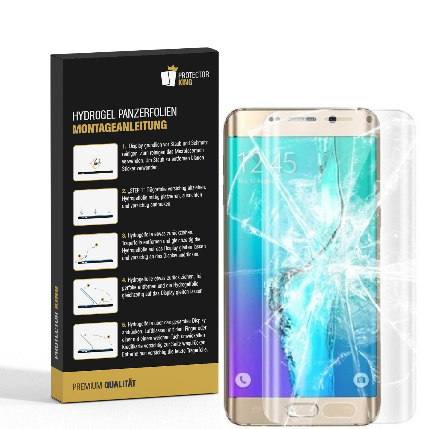 Ein Displayschutz-Kit wird gezeigt. Es enthält eine Box mit Anweisungen und ein beschädigtes Telefon.