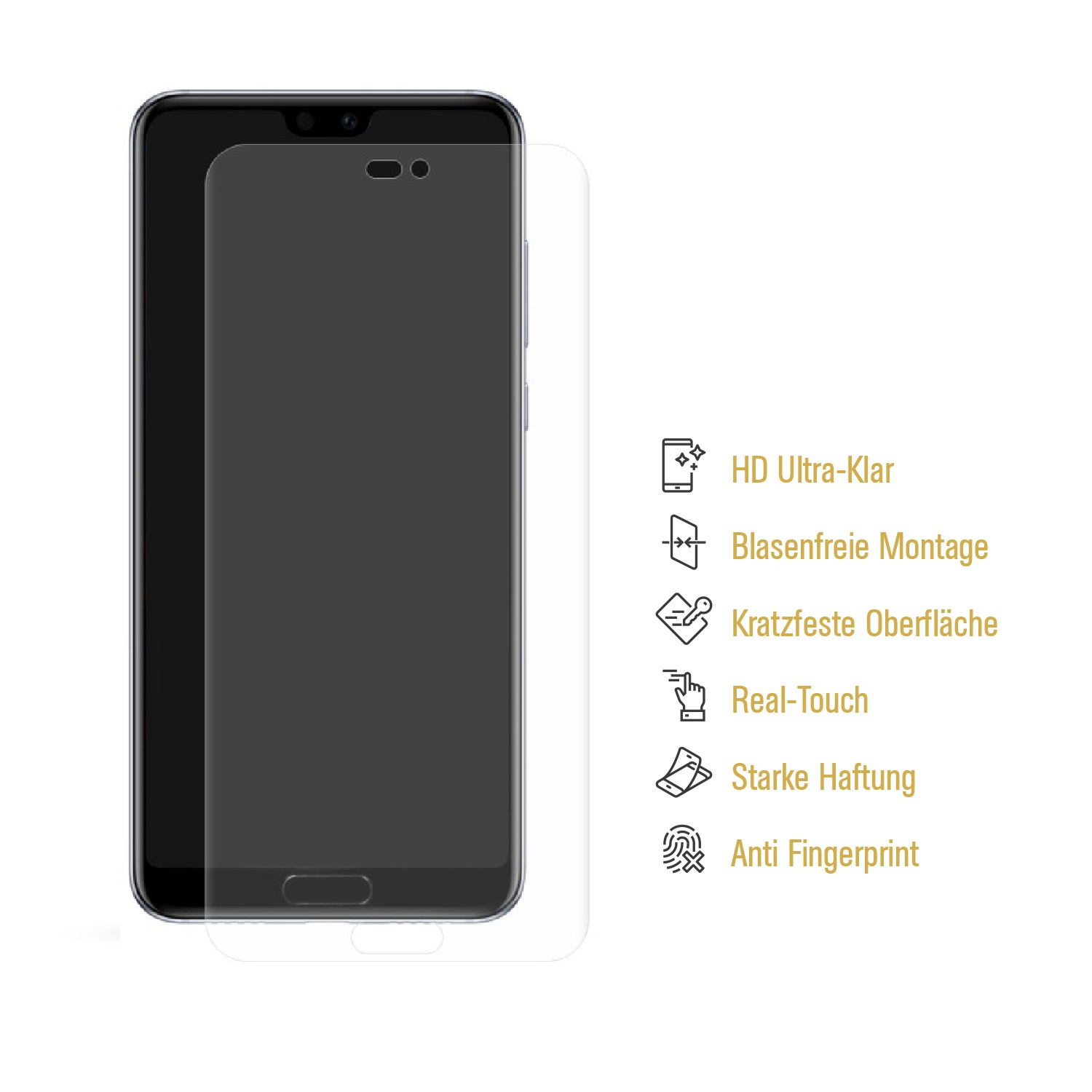 Ein Telefon mit Displayschutzfolie. Das Telefon hat ein schlankes schwarzes Design.