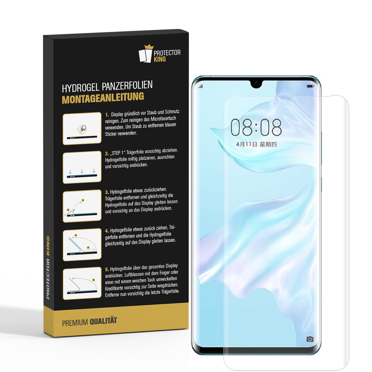 Ein Telefon und Displayschutzfolie mit Anweisungen. Die Folie wird auf dem Bildschirm des Telefons angebracht.