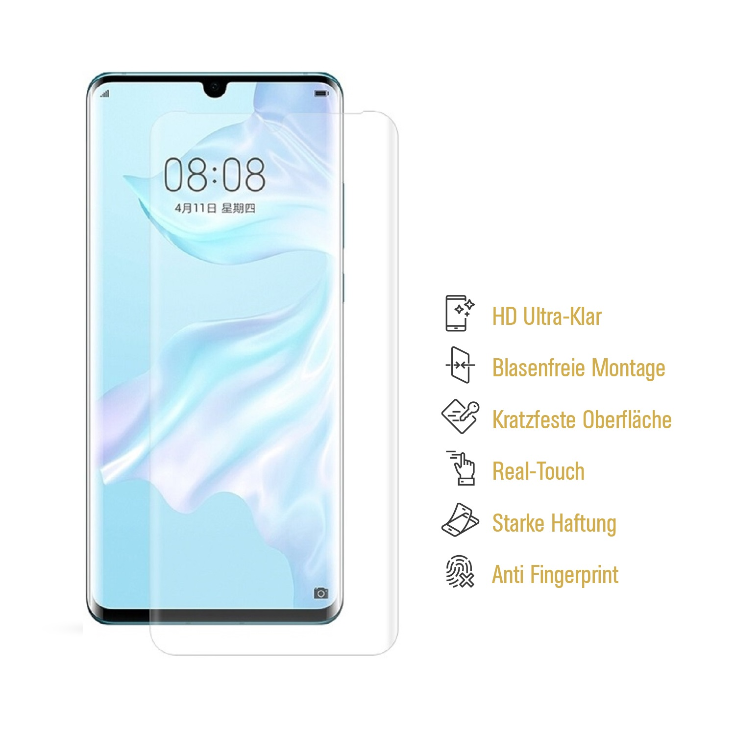 Ein Telefon mit Displayschutzfolie. Merkmale sind HD-Klarheit, Anti-Fingerabdruck und starke Haftung.