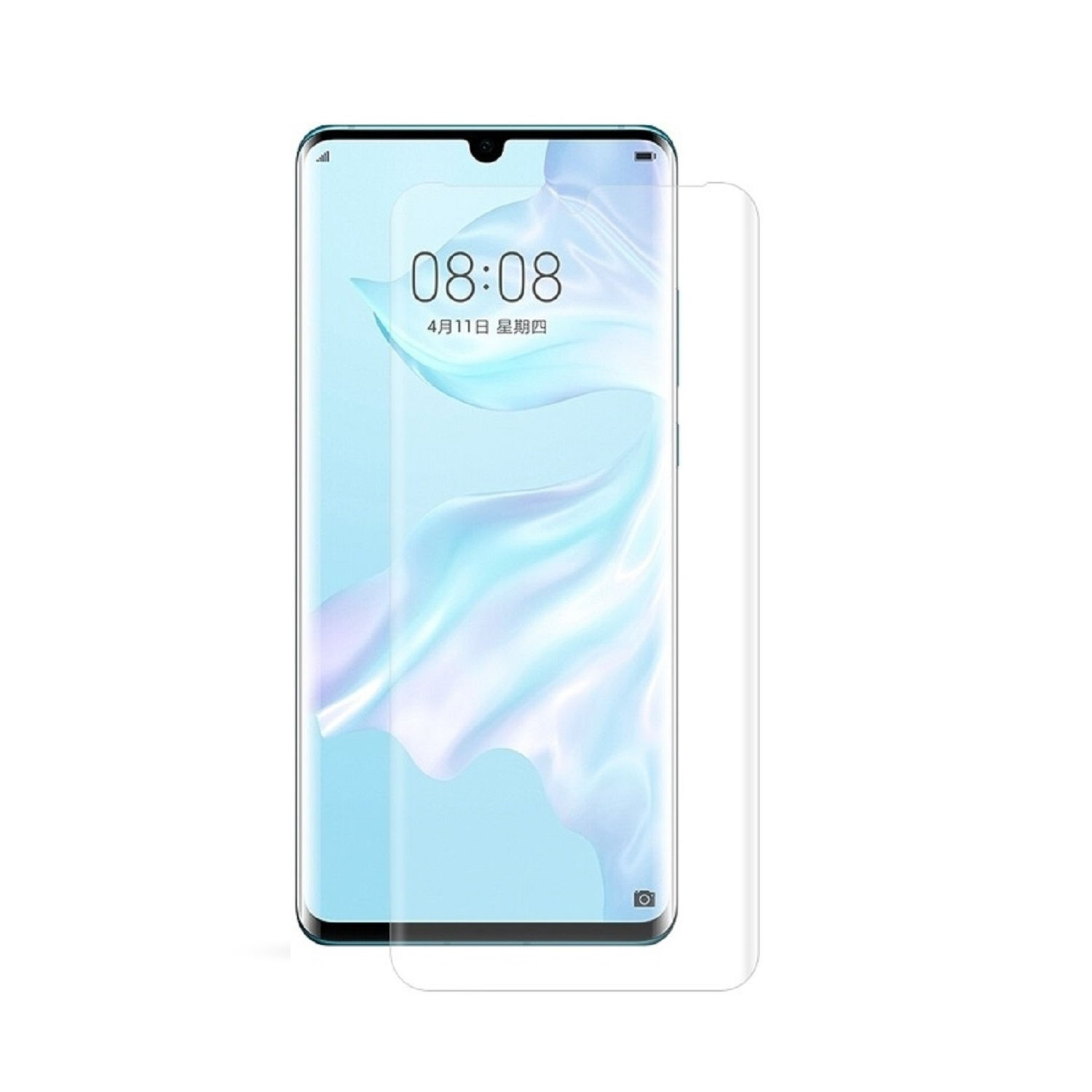 Ein Smartphone mit angebrachtem Displayschutz. Der Bildschirm zeigt die Uhrzeit 08:08.