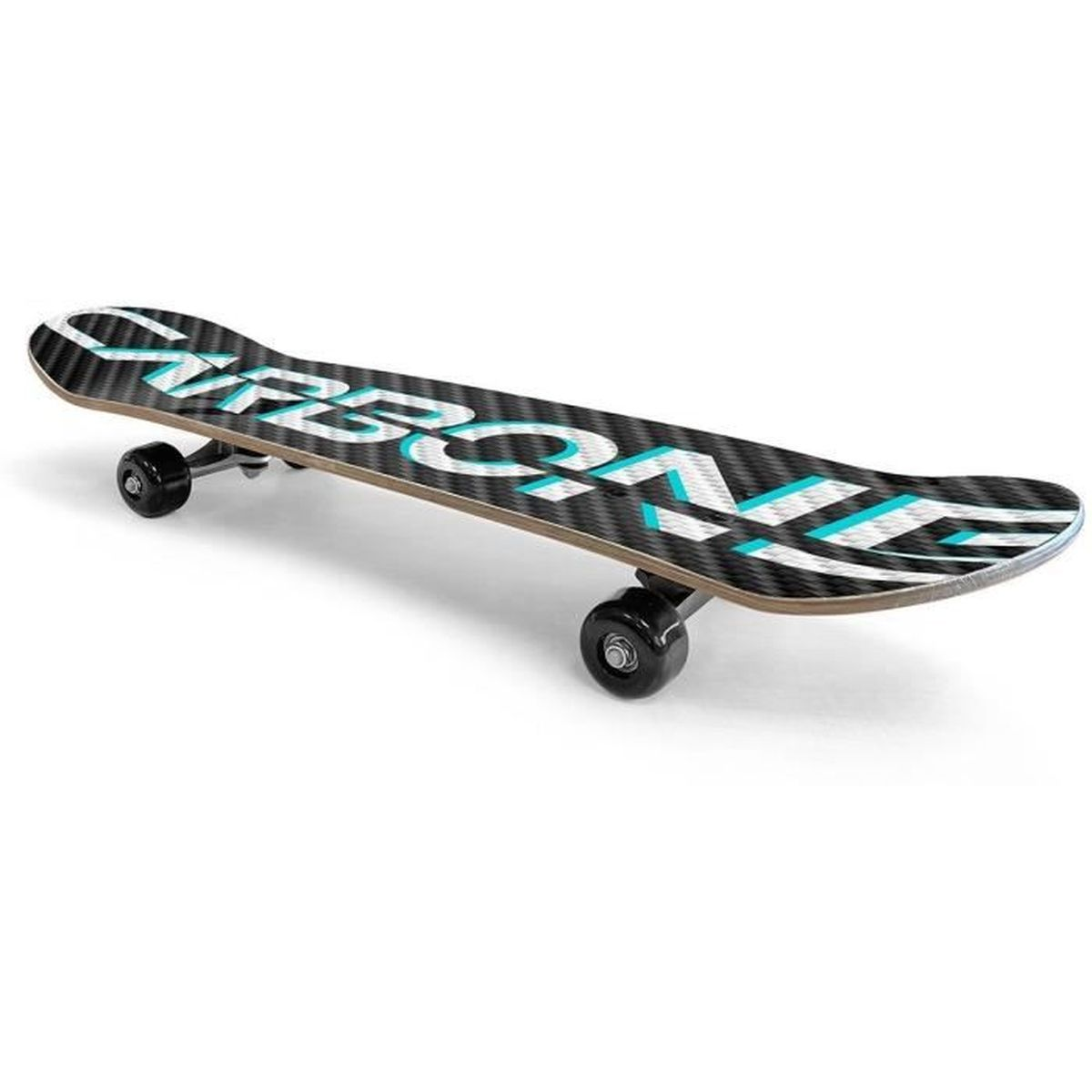 Ein schwarzes Skateboard mit weißem und blaugrünem Text. Das Board liegt auf einer weißen Oberfläche.