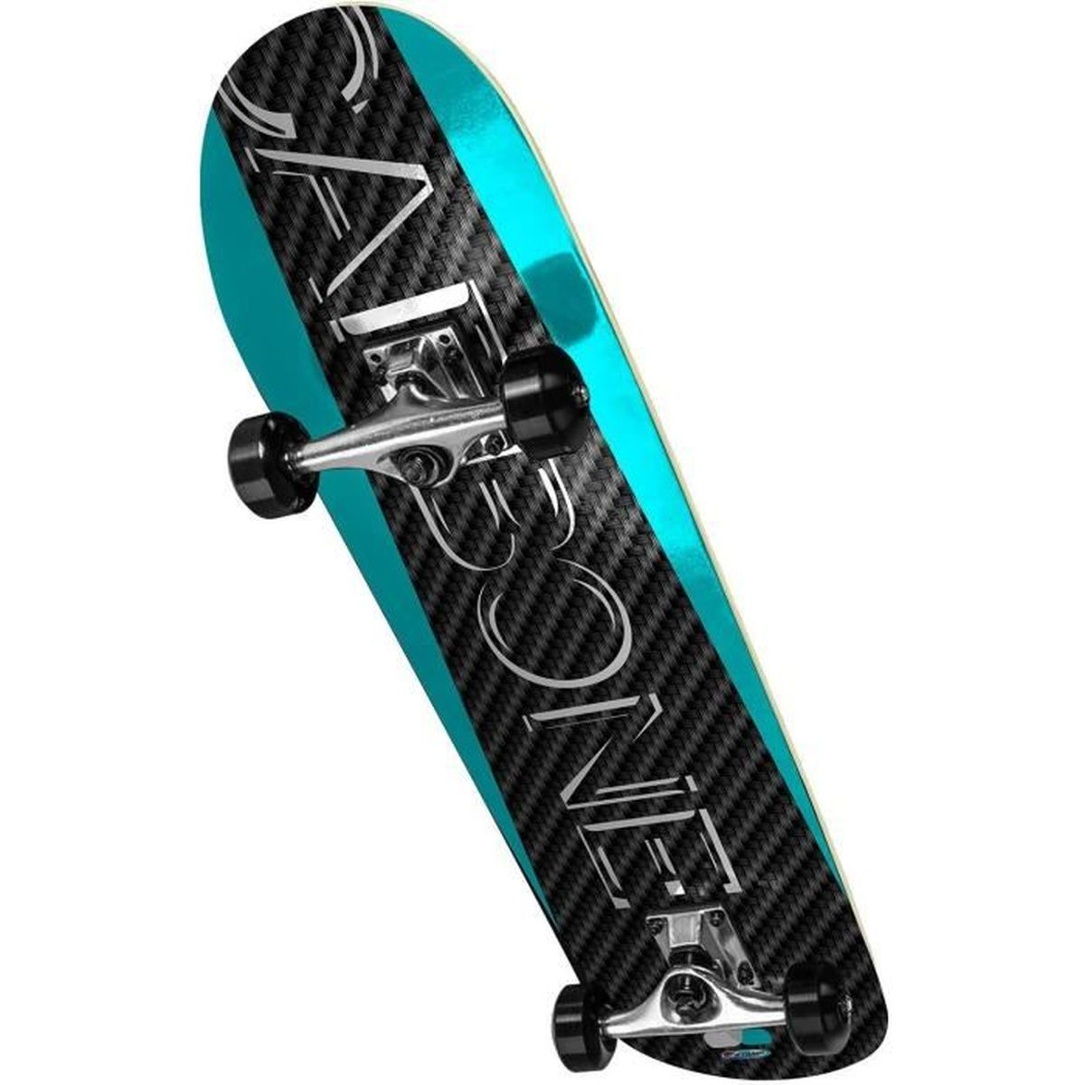 Ein Skateboard mit türkisfarbenem Streifen in der Mitte, schwarz-weißes Muster.