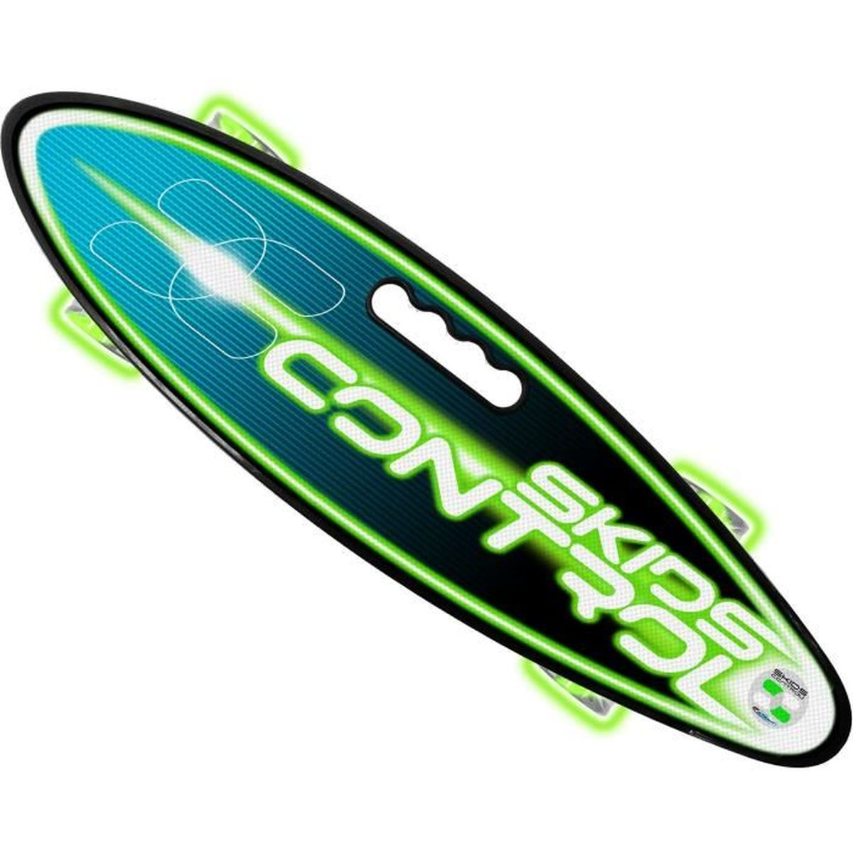 Un skateboard vert avec un design bleu et le texte 'CON' et 'SKIDS'.