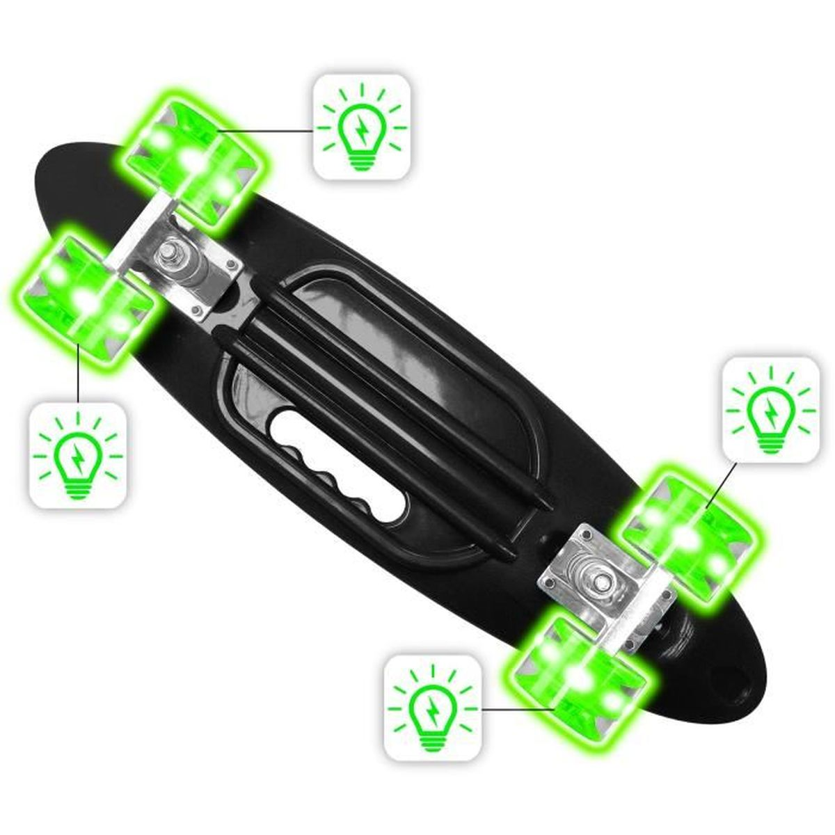 Skateboard noir avec des lumières vertes sur les roues et des icônes d'ampoules.