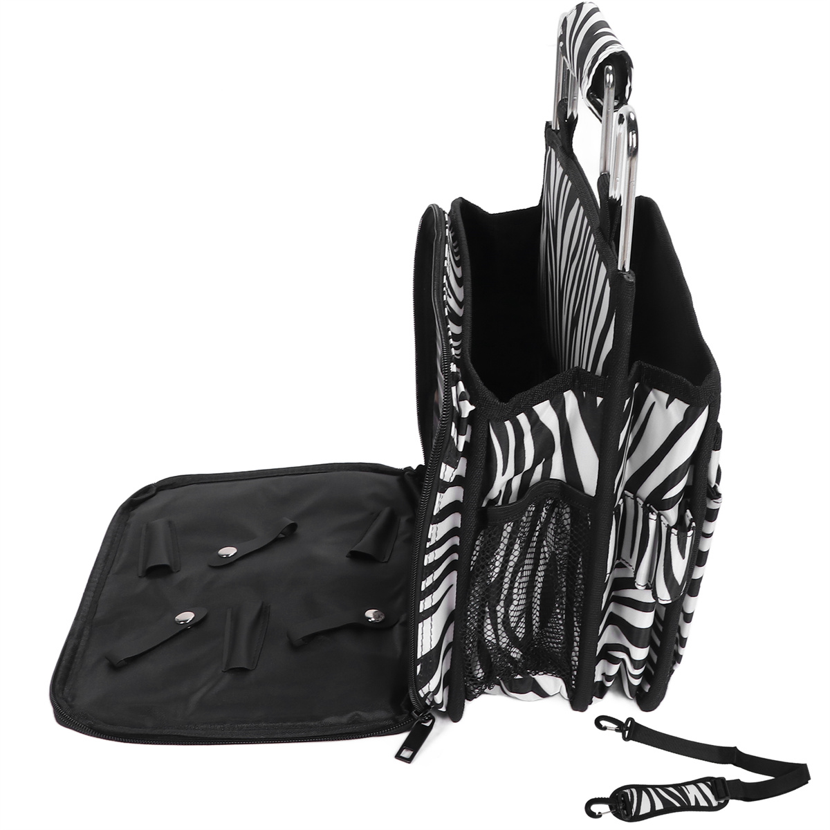 Zebramuster-Tasche mit mehreren Fächern. Sie hat einen Griff und einen Schultergurt.