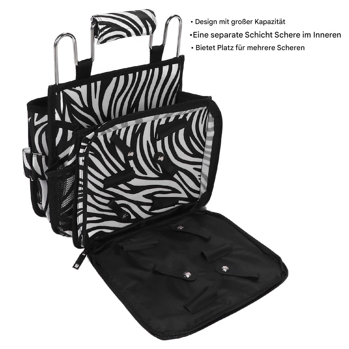 Eine schwarz-weiß Zebra-Druck-Organizer-Tasche mit mehreren Fächern und Griffen.