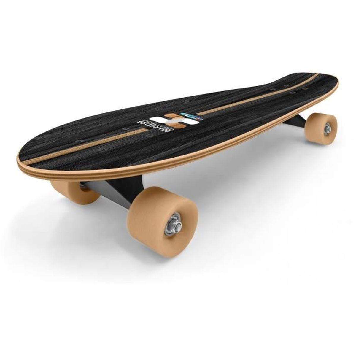 Une planche à roulettes noire avec un bord, des roues et des trucks de couleur bois clair. La planche a un logo.
