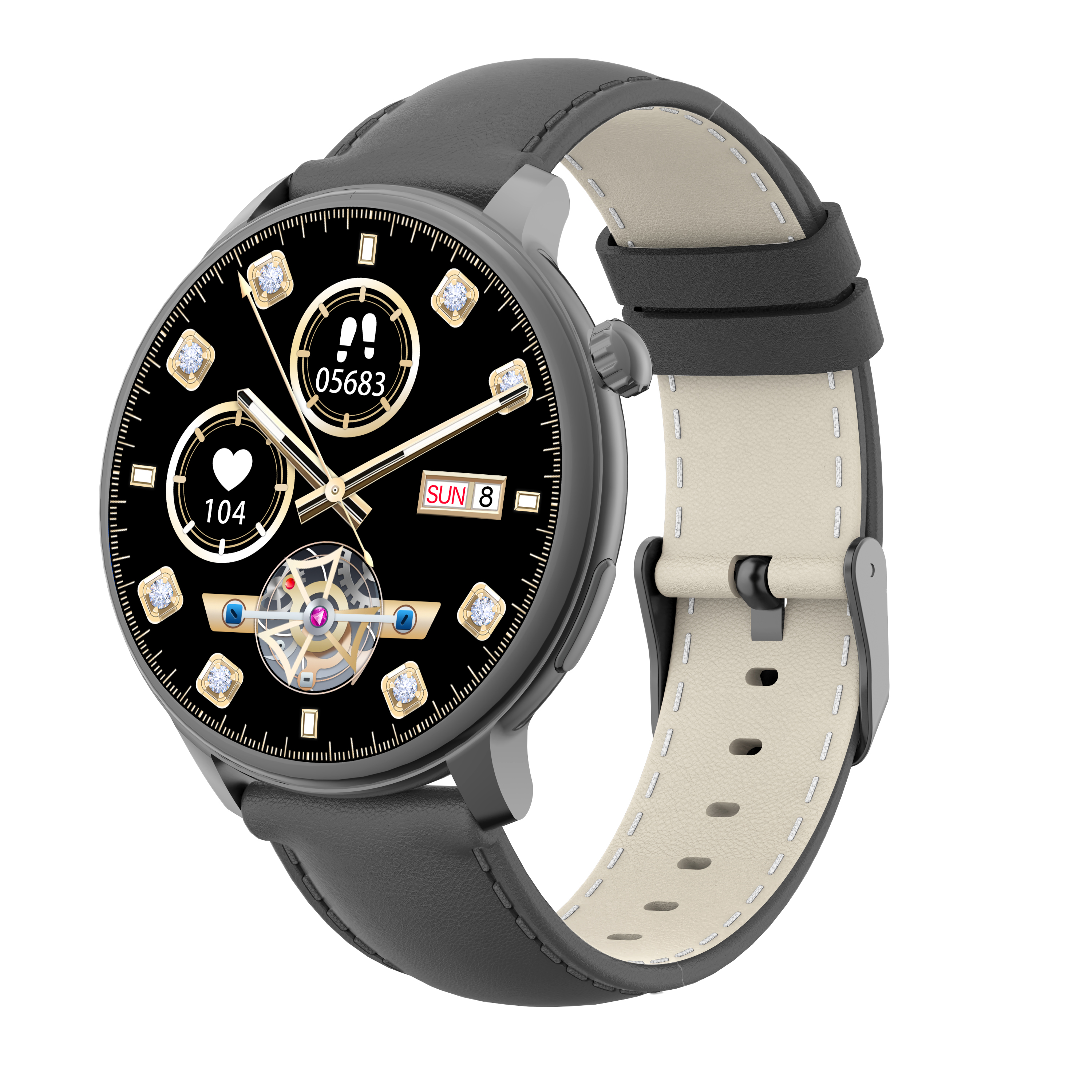Smartwatch with a black face, leather strap, and gold accents. Displays heart rate and steps.