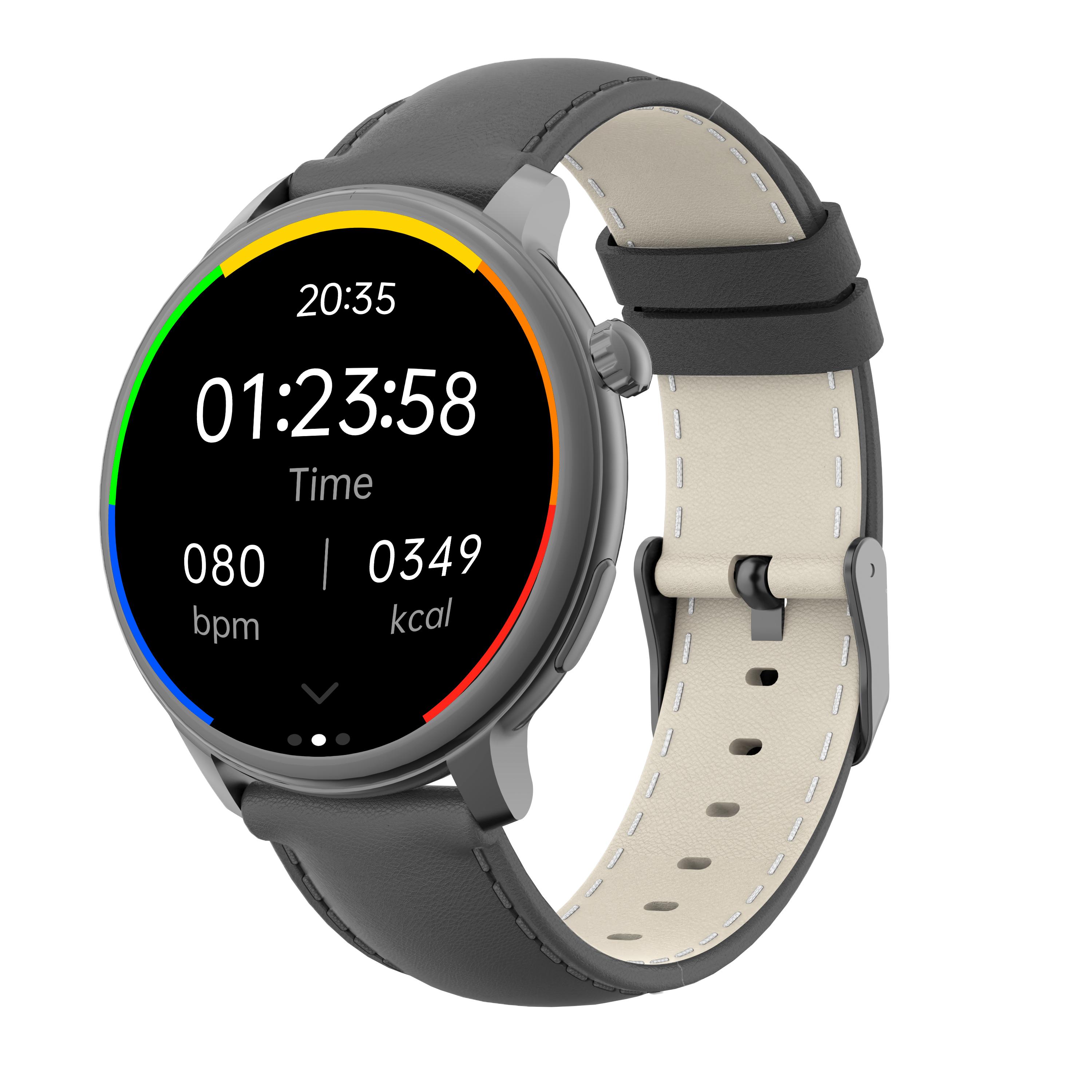 A black smartwatch with a round face. The display shows time, bpm, and calories.