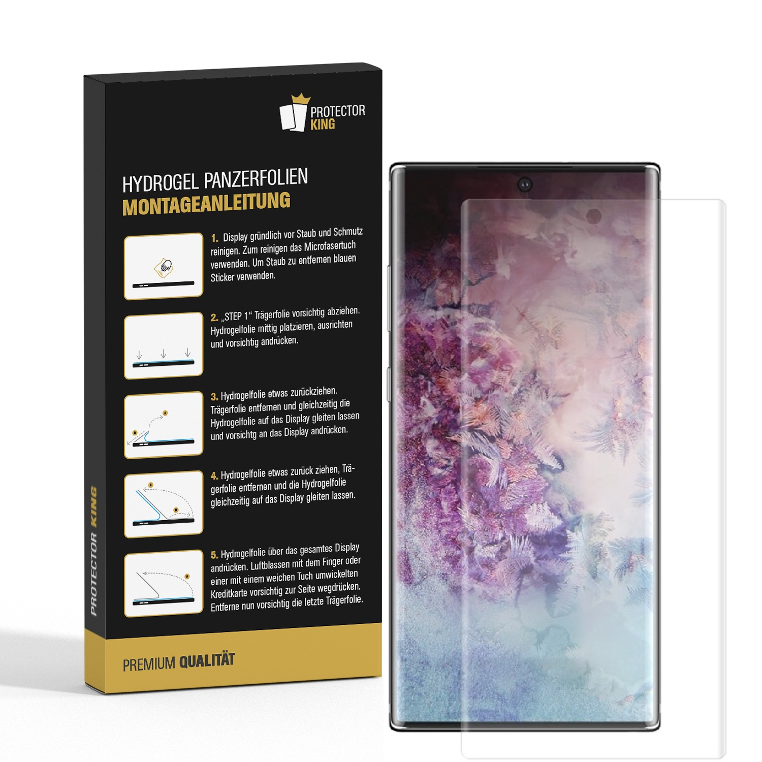 Ein Telefon mit angebrachter Displayschutzfolie und eine Box mit Anweisungen. Premium-Qualität ist gekennzeichnet.
