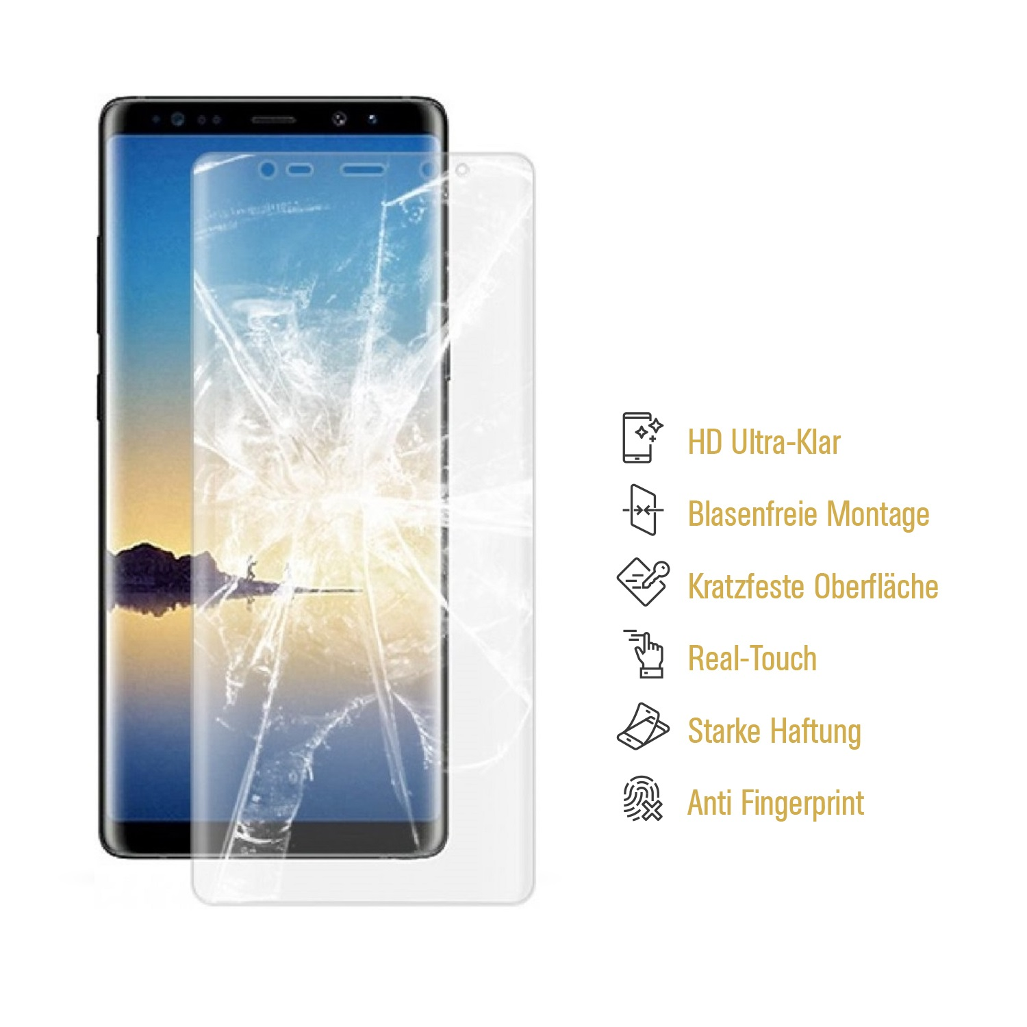 Ein Telefon mit gesprungenem Bildschirm und Displayschutz. Text zum Displayschutz.