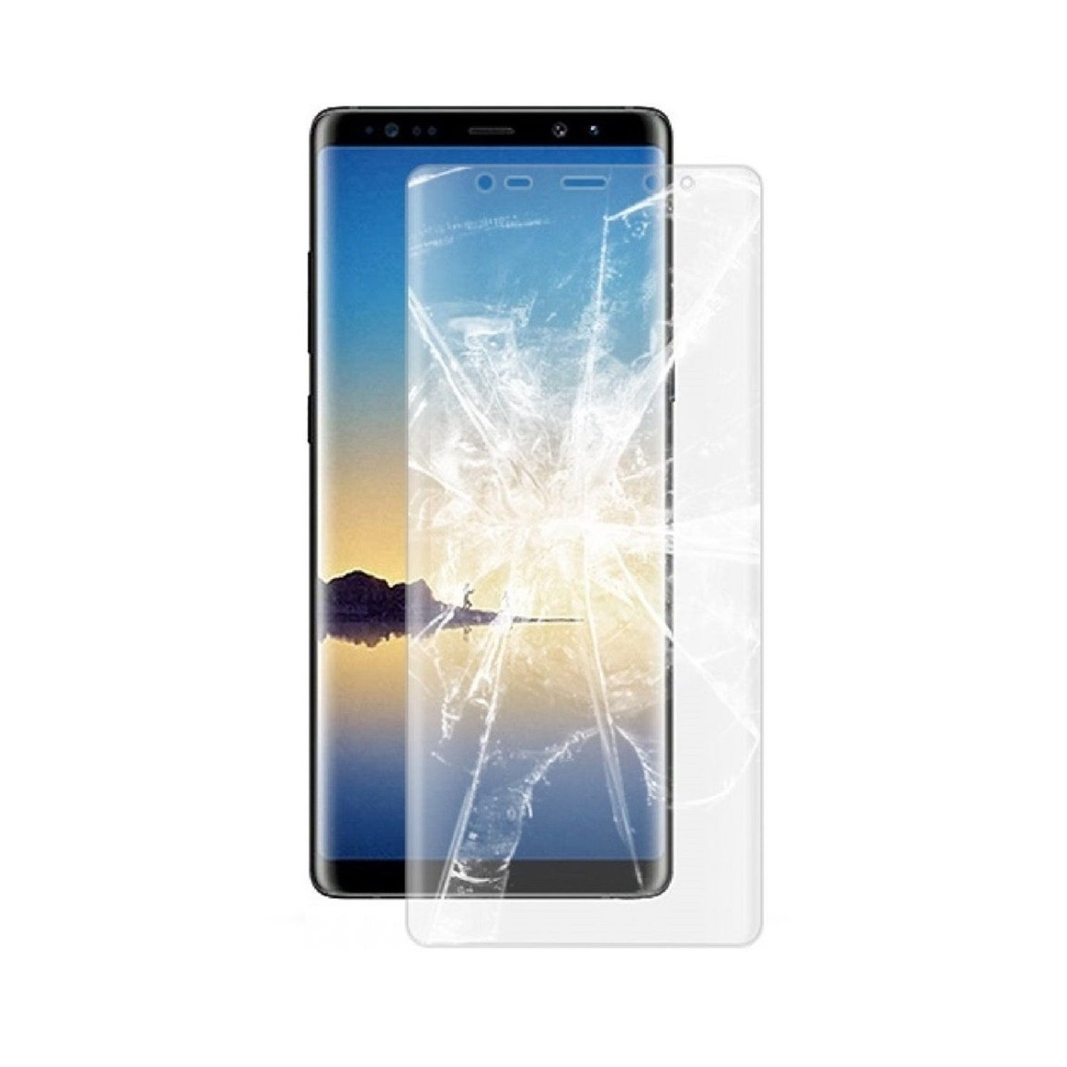Smartphone mit zerbrochenem Bildschirm, Schutz angebracht.