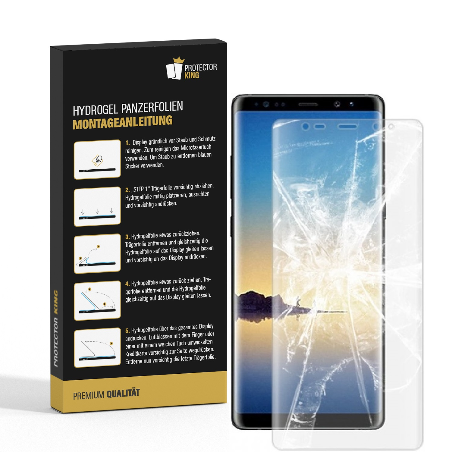 Eine Protector King Box mit Anleitung und ein Telefon mit Schutzfolie.