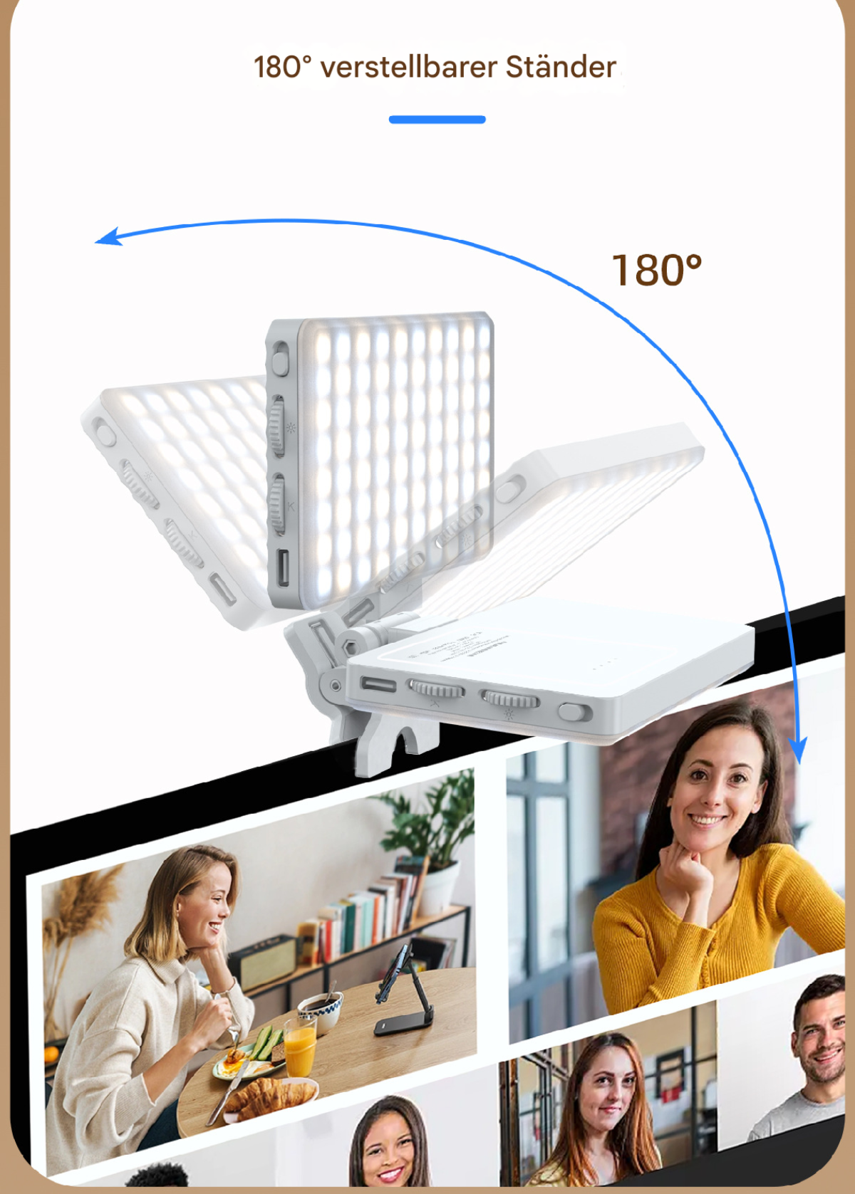 Weißes LED-Lichtpanel, einstellbar, mit Bildern von Menschen in verschiedenen Umgebungen unten.