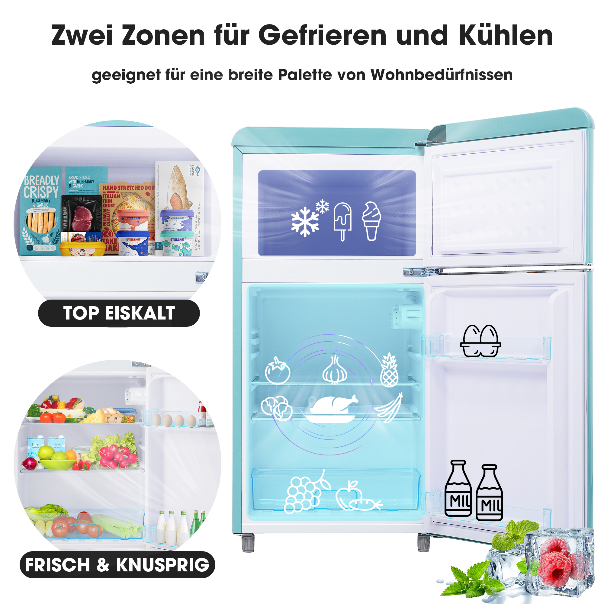 Ein türkisfarbener Retro-Kühlschrank mit offenen Türen, der Lebensmittel und Eis zeigt.