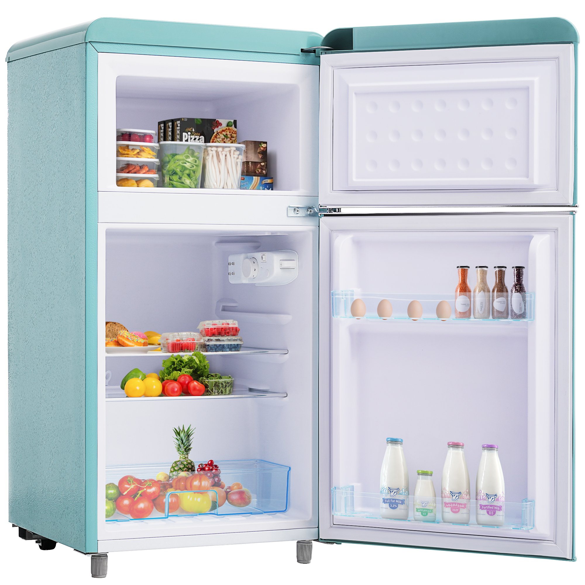 Retro-Kühlschrank in Aqua, geöffnet, um Regale mit Lebensmitteln und Milch zu zeigen.
